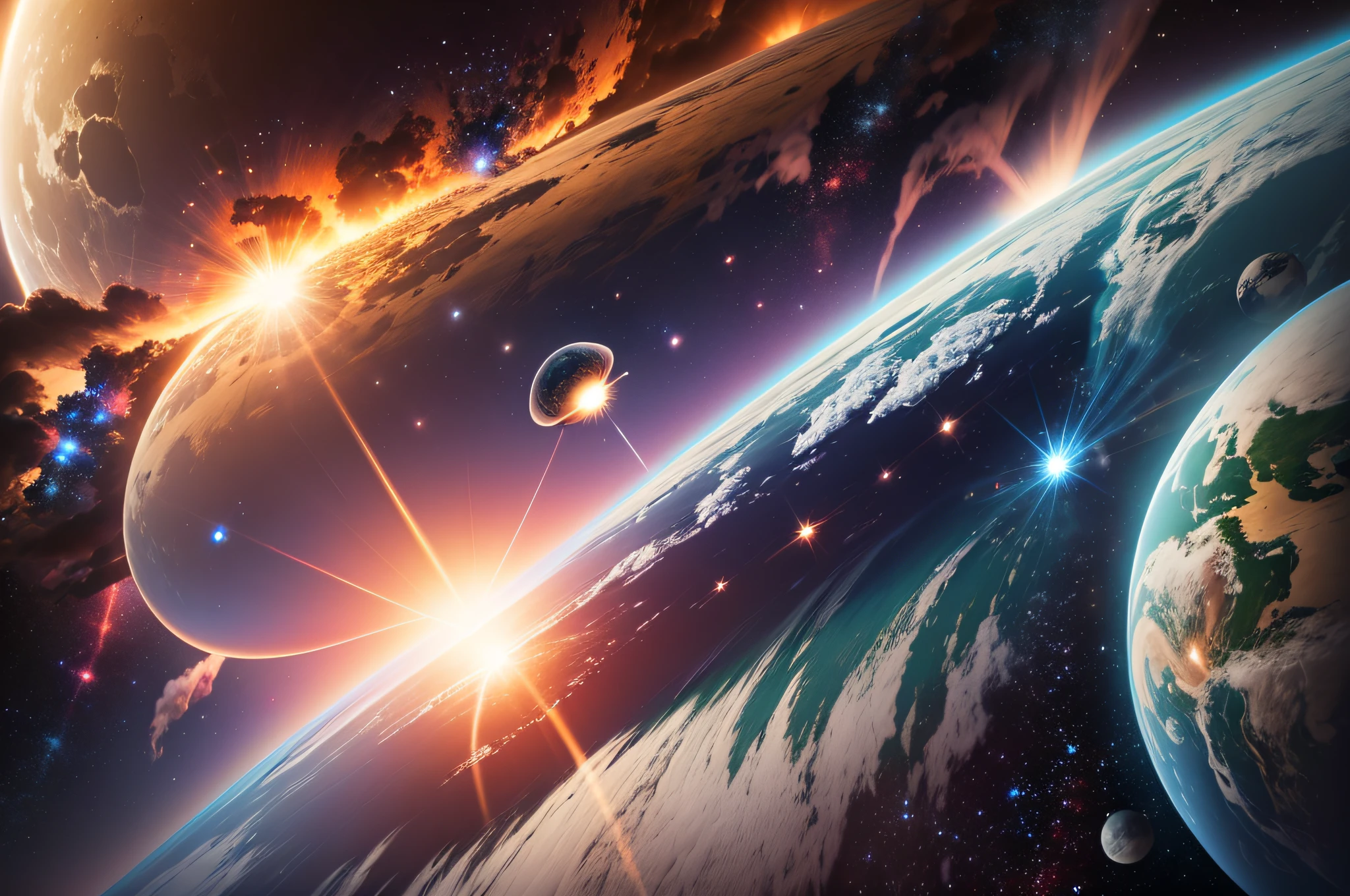 arafed view of a planet with a bright star in the sky, nuclear explosion from space, planet in space over the horizon, cosmic atmosphere light flares, nuclear explosion on the horizon, background in space, lens flare photo real, alien planet in the sky faraway, space atmosphere, heavy lens flare, anomorphic lens flare, looming over earth in space --auto --s2