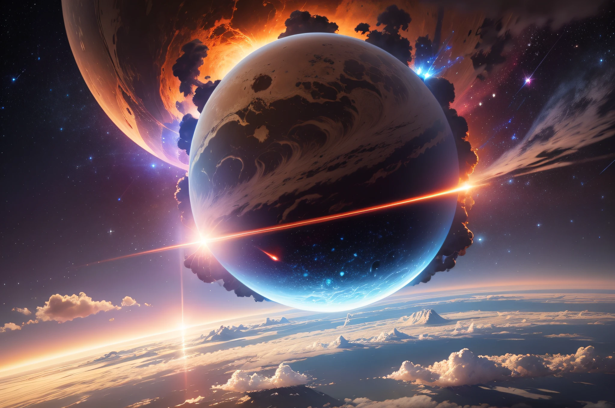 arafed view of a planet with a bright star in the sky, nuclear explosion from space, planet in space over the horizon, cosmic atmosphere light flares, nuclear explosion on the horizon, background in space, lens flare photo real, alien planet in the sky faraway, space atmosphere, heavy lens flare, anomorphic lens flare, looming over earth in space --auto --s2