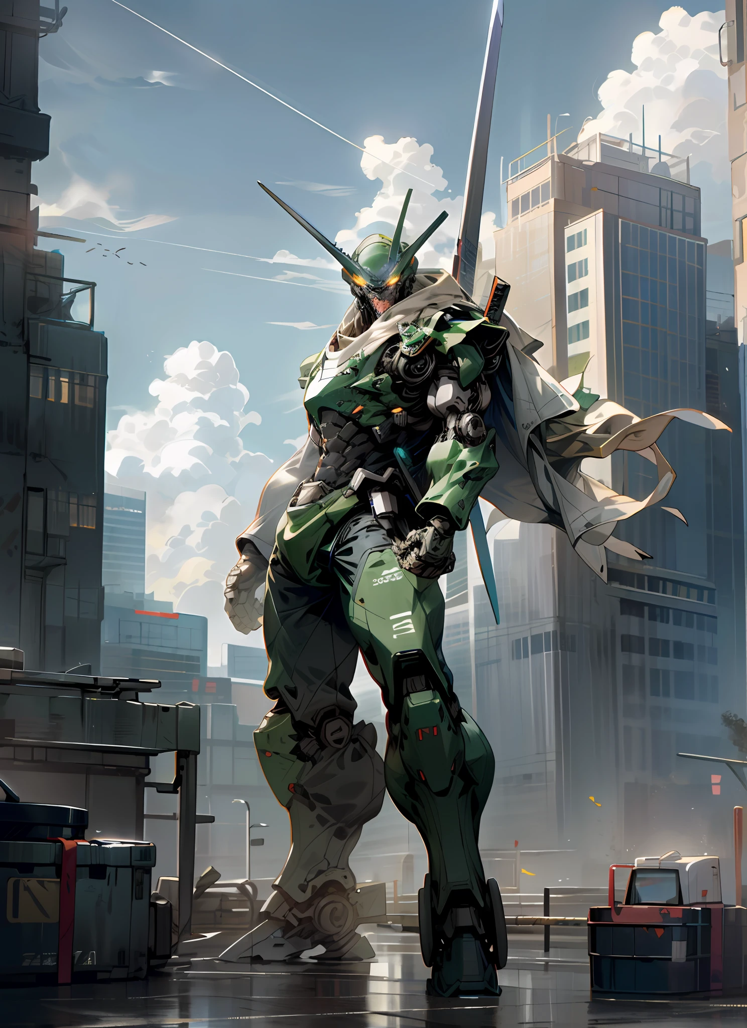 sky, cloud, holding_weapon, no_humans, bright, , robot, building, glowing_eyes, wick, science_fiction, city, realistic, mecha, teenage mutant ninja turttles,