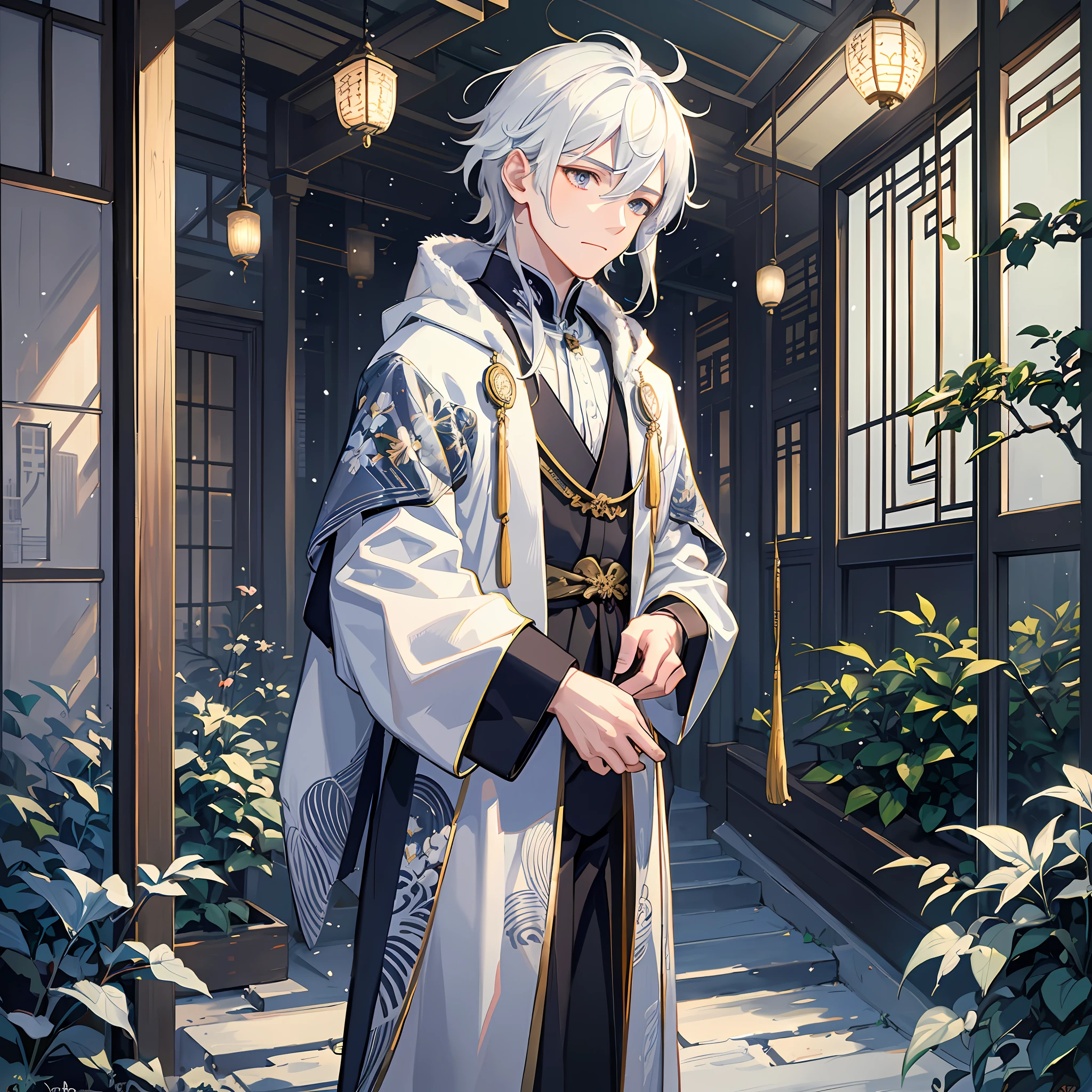 Two-dimensional, antique, Chinese, winter garden, boy, alone, medium scene, serious expression, silver-white hair, random body posture, light rain and snow, wearing a feather robe, white antique clothing, inkstone with pen and ink and plum blossom decoration, high resolution, masterpiece, best quality, rendering