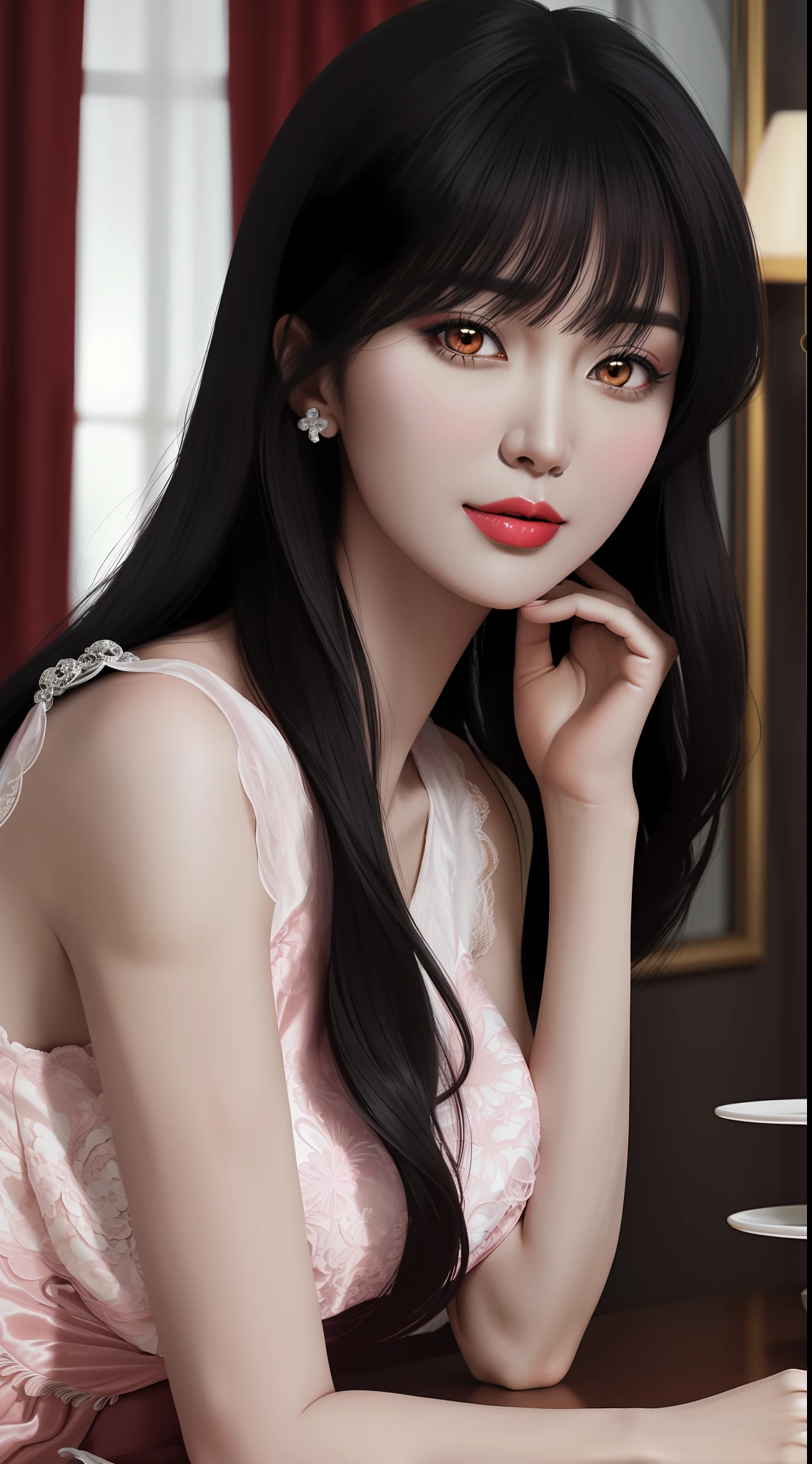 1 beautiful mature girl, looking at viewer, upper body, realistic,real girl, gentle girl, Girly, Full body shape, smooth pink and white skin, Front bangs, large breasts and round, excessively frilled princess dress, draped clothes, flawless face, jewelry, high nose, ornament, flower, lace trim, beautiful big and round orange eyes, sharp eyebrows, very sharp and detailed peacock eyelashes and makeup, red lips, Smile without opening your lips, long silky black hair and jewelry clips, masterpiece, best quality, 8k, detailed skin texture, detailed cloth texture, beautiful detailed face, intricate details, ultra detailed, rim lighting, side lighting, cinematic light, ultra high res, 8k uhd, film grain,best shadow, delicate, RAW photo, detailed and clear images, extremely sharp images,