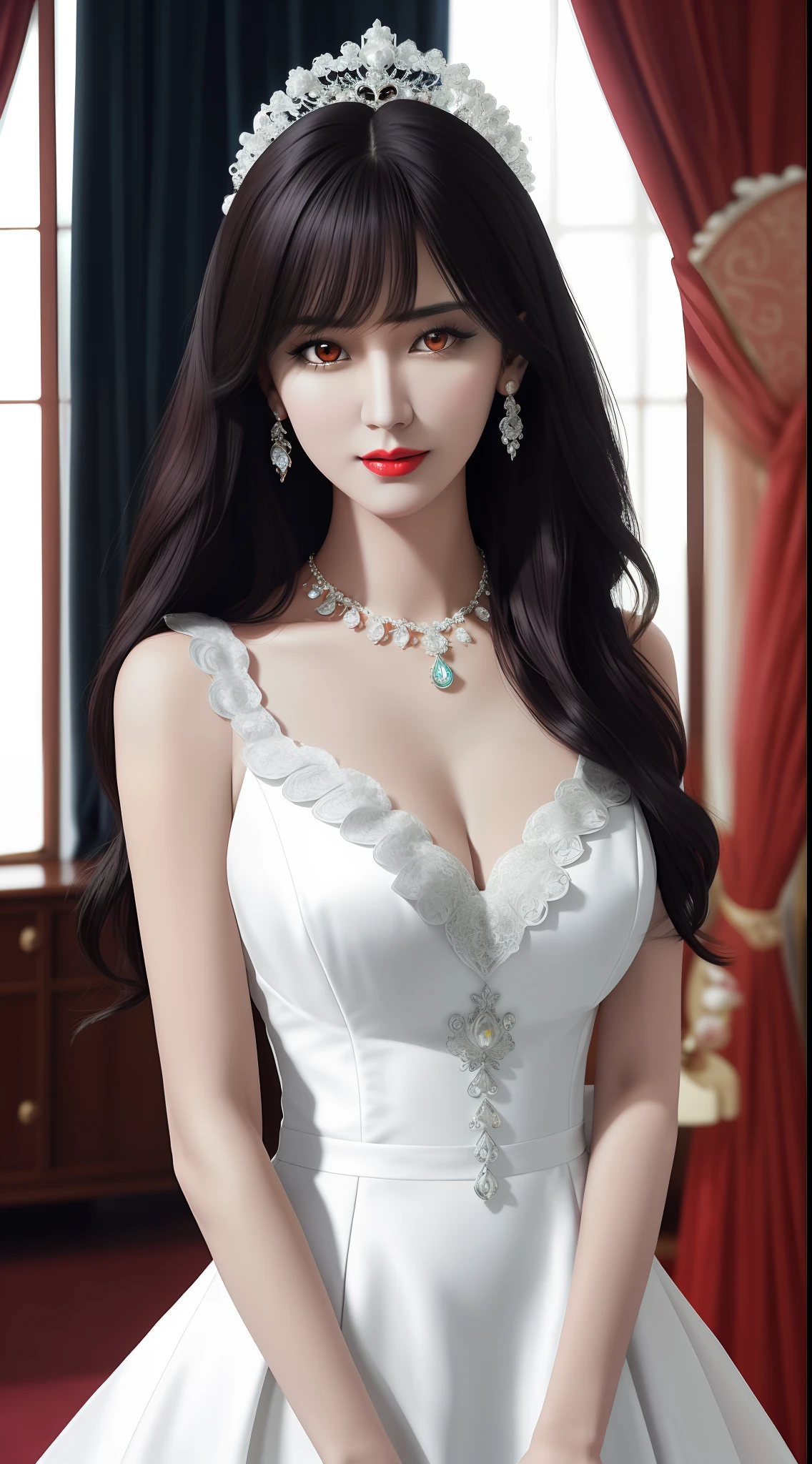 1 beautiful girl, looking at viewer, upper body, realistic,real girl, gentle girl, Girly, Full body shape, smooth pink and white skin, Front bangs, large breastound, excessively frilled princess dress, draped clothes, flawless face, jewelry, high nose, ornament, flower, lace trim, beautiful big and round orange eyes, sharp eyebrows, very sharp and detailed peacock eyelashes and makeup, red lips, Smile without opening your lips, long silky black hair and jewelry clips, masterpiece, best quality, 8k, detailed skin texture, detailed cloth texture, beautiful detailed face, intricate details, ultra detailed, rim lighting, side lighting, cinematic light, ultra high res, 8k uhd, film grain,best shadow, delicate, RAW photo, detailed and clear images, extremely sharp images,