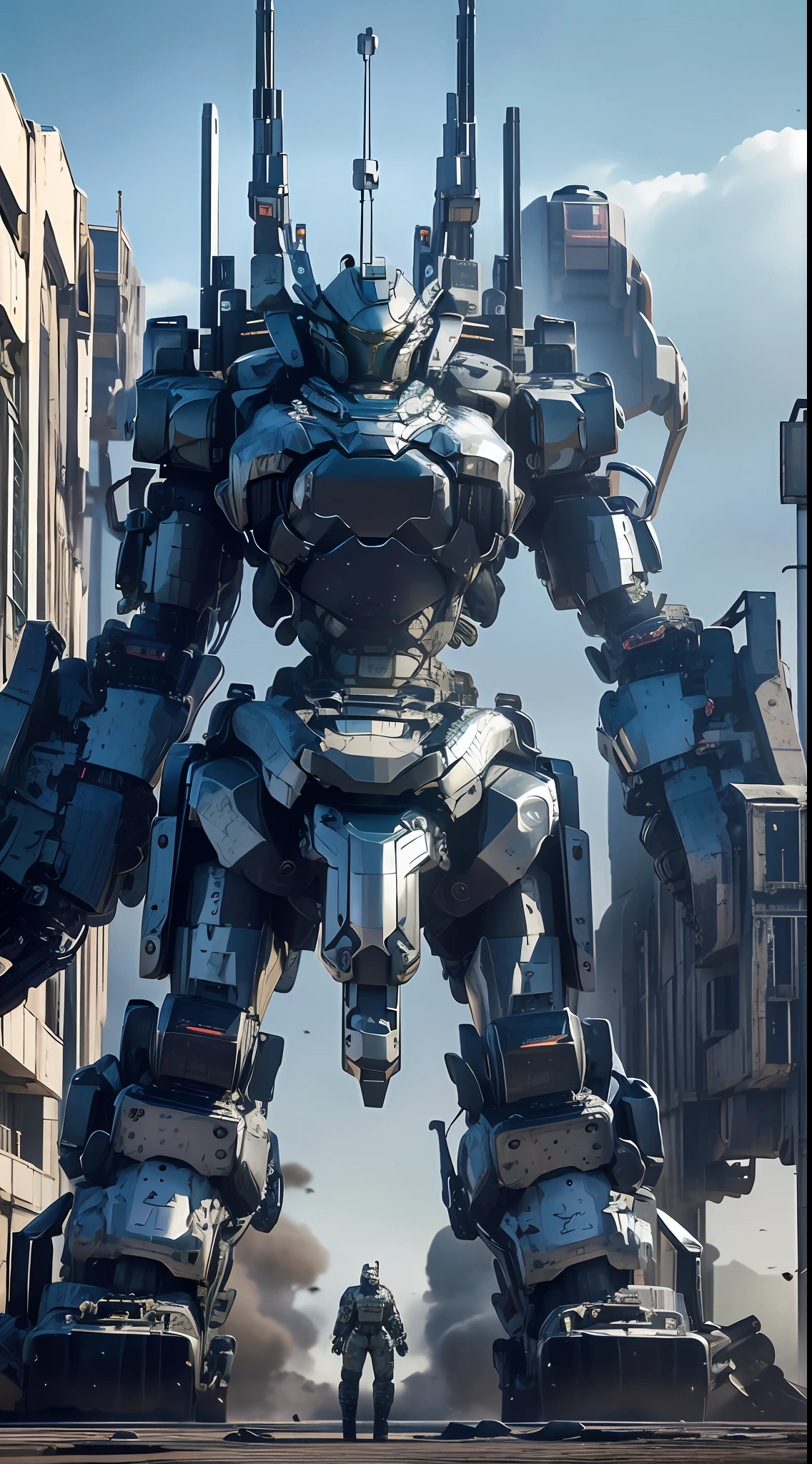 8K HD, the best picture quality, clear picture, amazing details, huge mecha design, realistic robot facial expressions, domineering mecha appearance, unique style, colorful, a war-scarred robot, a mecha holding a weapon, a very small tank next to it, full-body photos, blue sky and white clouds, city buildings