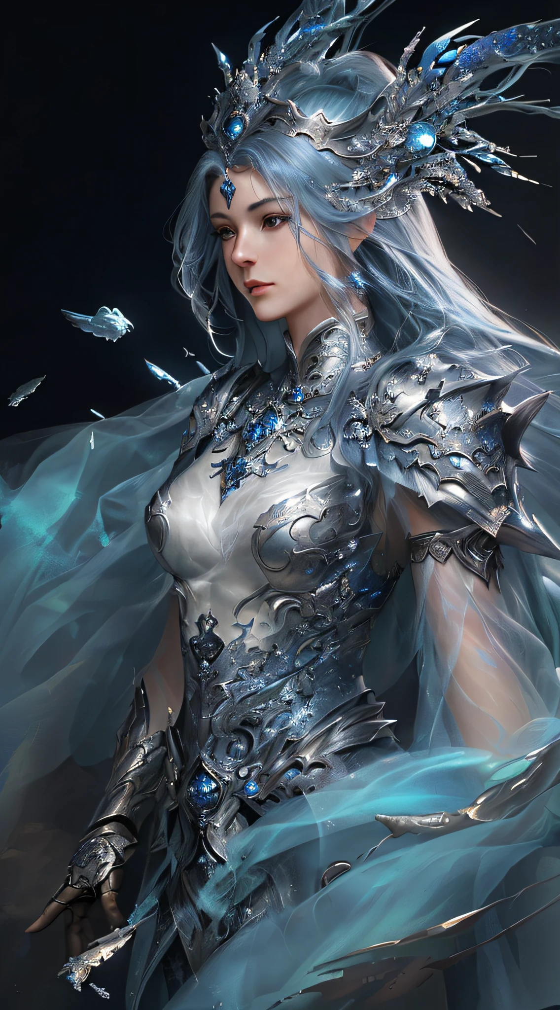 a close up of a woman in a blue dress with a feathered headpiece, detailed fantasy art, epic exquisite character art, 2. 5 d cgi anime fantasy artwork, stunning character art, 4k fantasy art, pale blue armor, highly detailed fantasy art, detailed fantasy digital art, clothed in ethereal armor, fantasy art style, beautiful armor, beautiful fantasy art