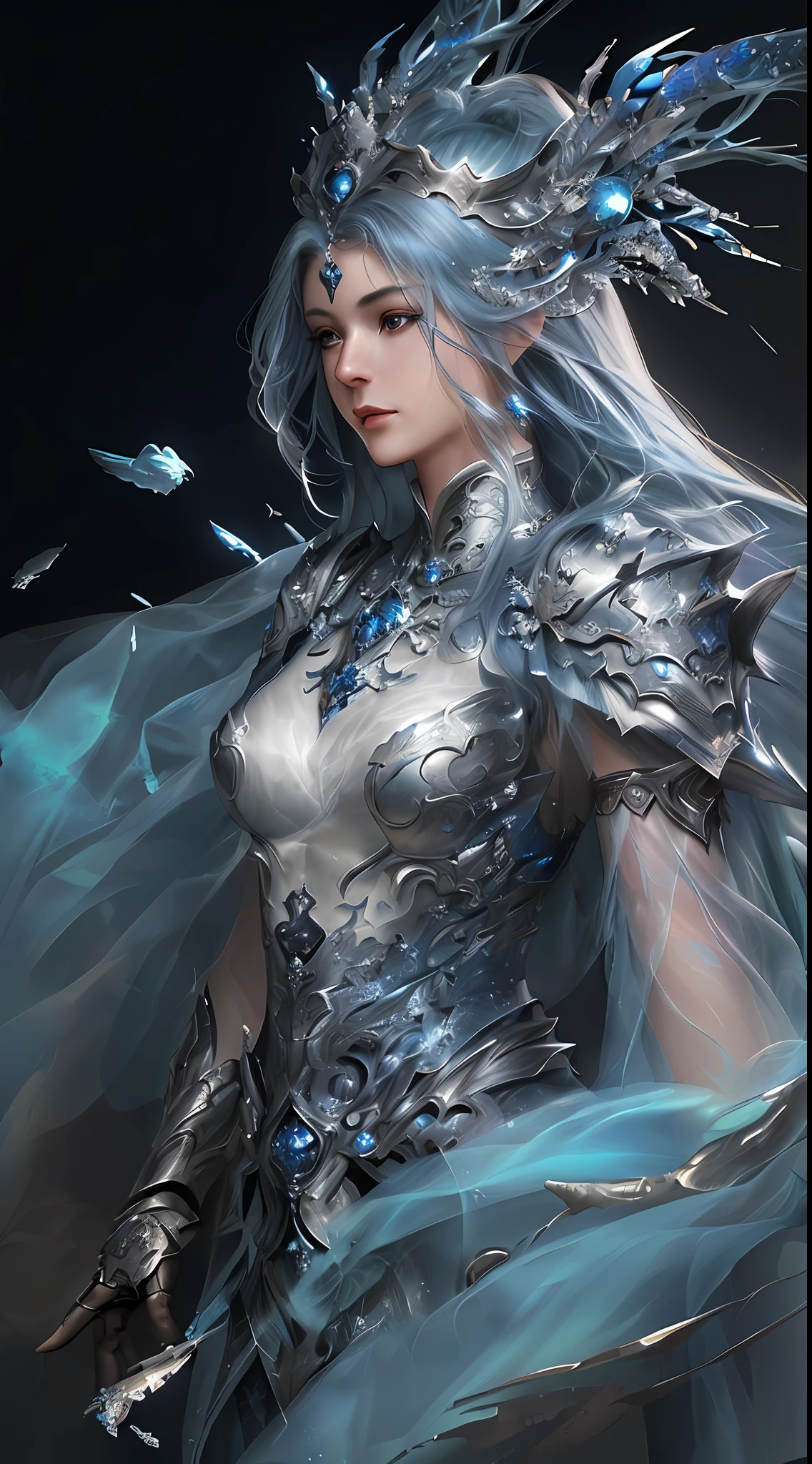 a close up of a woman in a blue dress with a feathered headpiece, detailed fantasy art, epic exquisite character art, 2. 5 d cgi anime fantasy artwork, stunning character art, 4k fantasy art, pale blue armor, highly detailed fantasy art, detailed fantasy digital art, clothed in ethereal armor, fantasy art style, beautiful armor, beautiful fantasy art