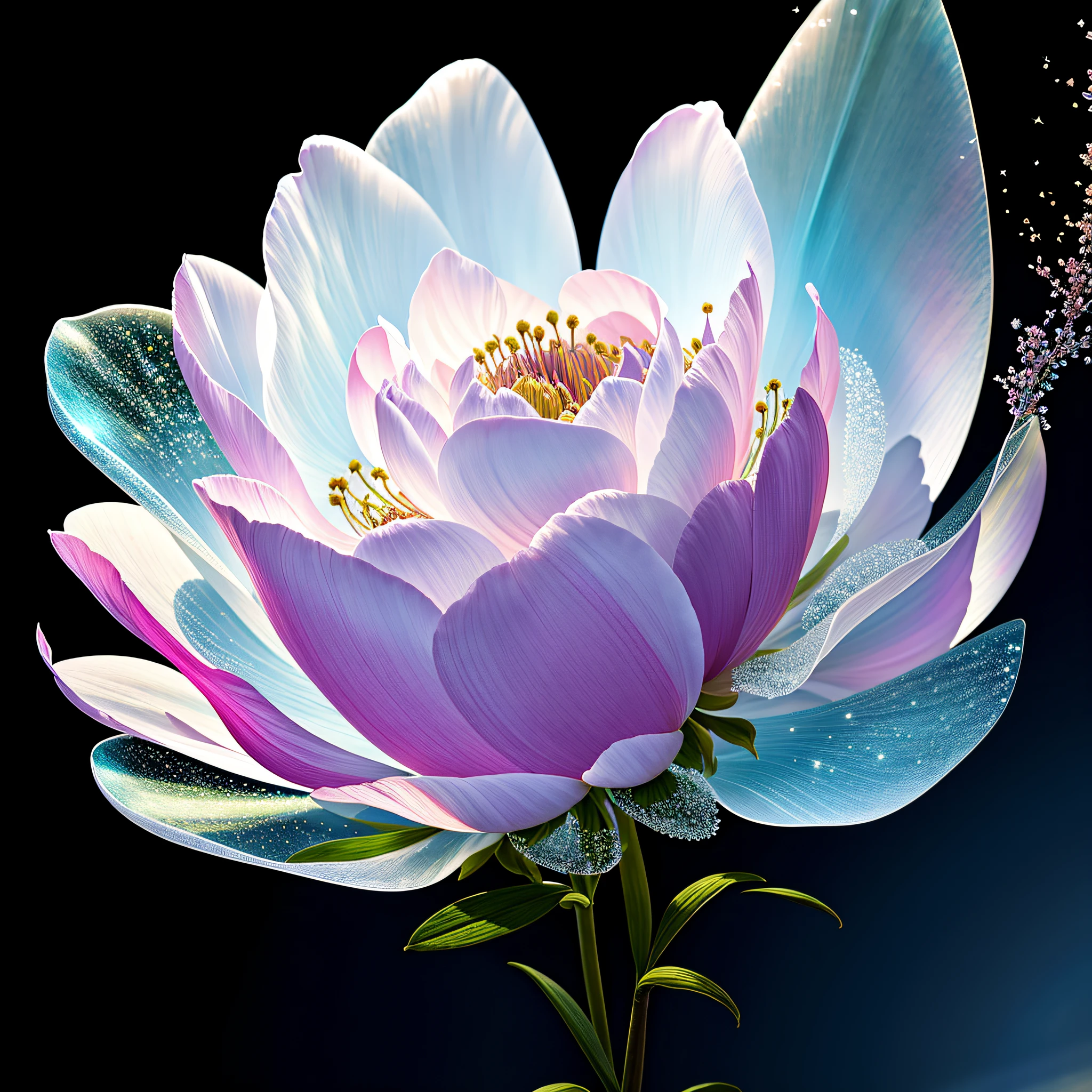 bouquet of delicate flowers Peony, super transparent, holy light, beautiful spectral light, petals glow, flashing, dark background, transparent light drops, reflective light, bright, light flowing in, optics, portrait profile, sharp focus, magical, intricate, ultra realistic, fantasy, composition, light, trend in artstation, pearl, silver vapor patronus cloud, family of corrosive enveloping rays, 8k, ureal air 23v4 uplight