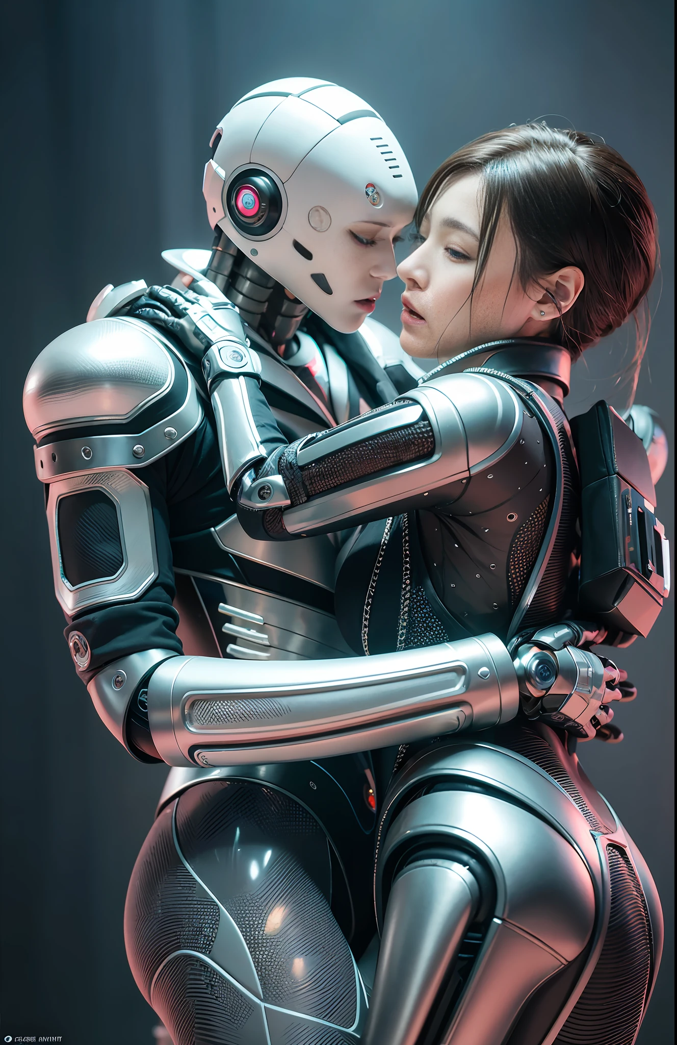 A 25 year old realistic real man in jacket clothes and a female robot passionately lingering hugging and kissing, complex 3d rendering very detailed beautiful ceramic silhouette female robot face, robot, robot parts, 150mm, beautiful studio soft light, edge light, vibrant details, luxurious cyberpunk, lace, surrealism, anatomy, facial muscles, cable wire, microchip, elegant, beautiful background, octane rendering, HR Giger style, 8k, best quality, masterpiece, illustration, very refined and beautiful, very detailed, CG, unified, wallpaper, (realism, realism: 1.37), amazing, fine detail, masterpiece, best quality, full body,