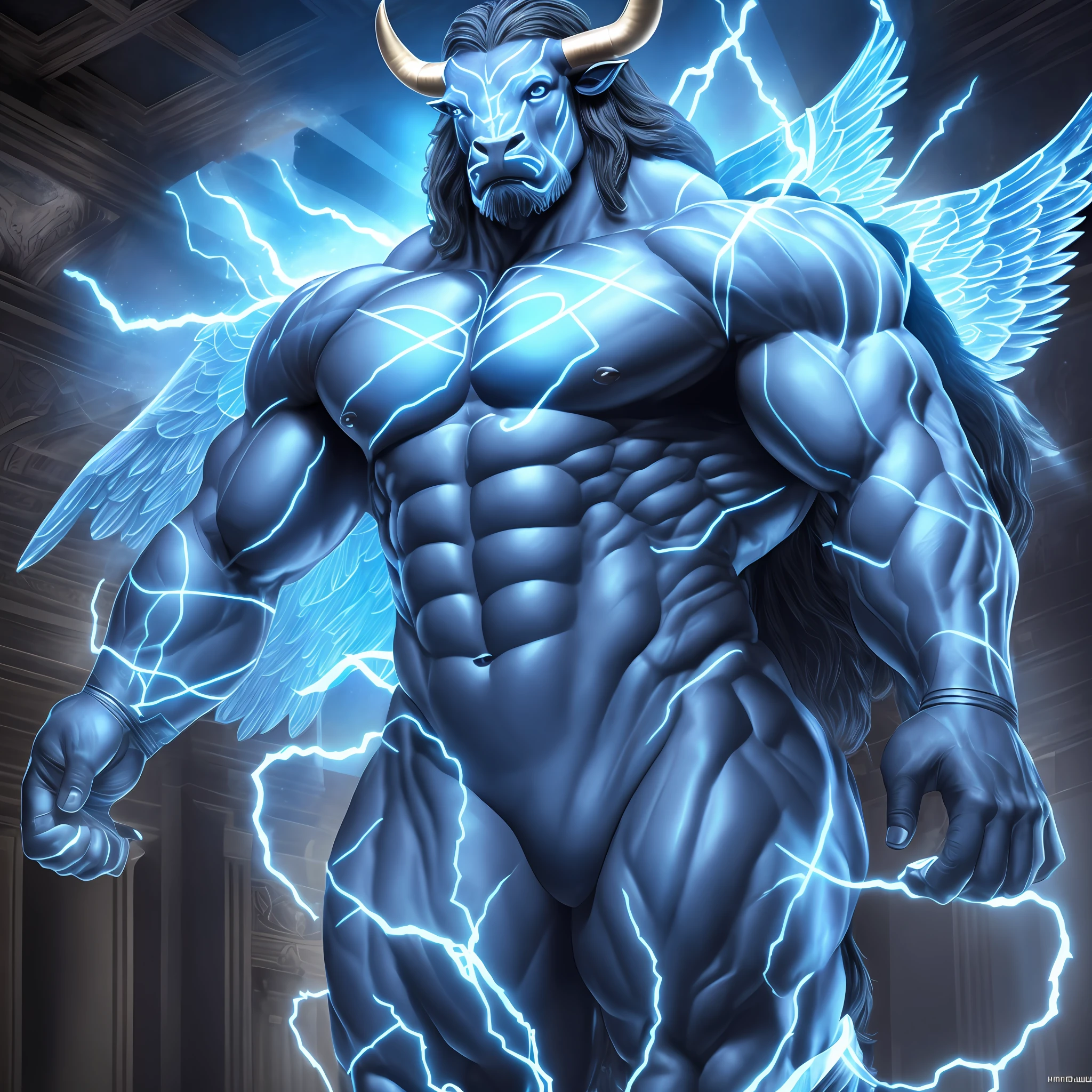 A minotaur, bull's head, blue, with angel wings, muscular, with luminous rays around the body in a realistic 12k ultra hd TV commercial advertising scenario --auto --s2