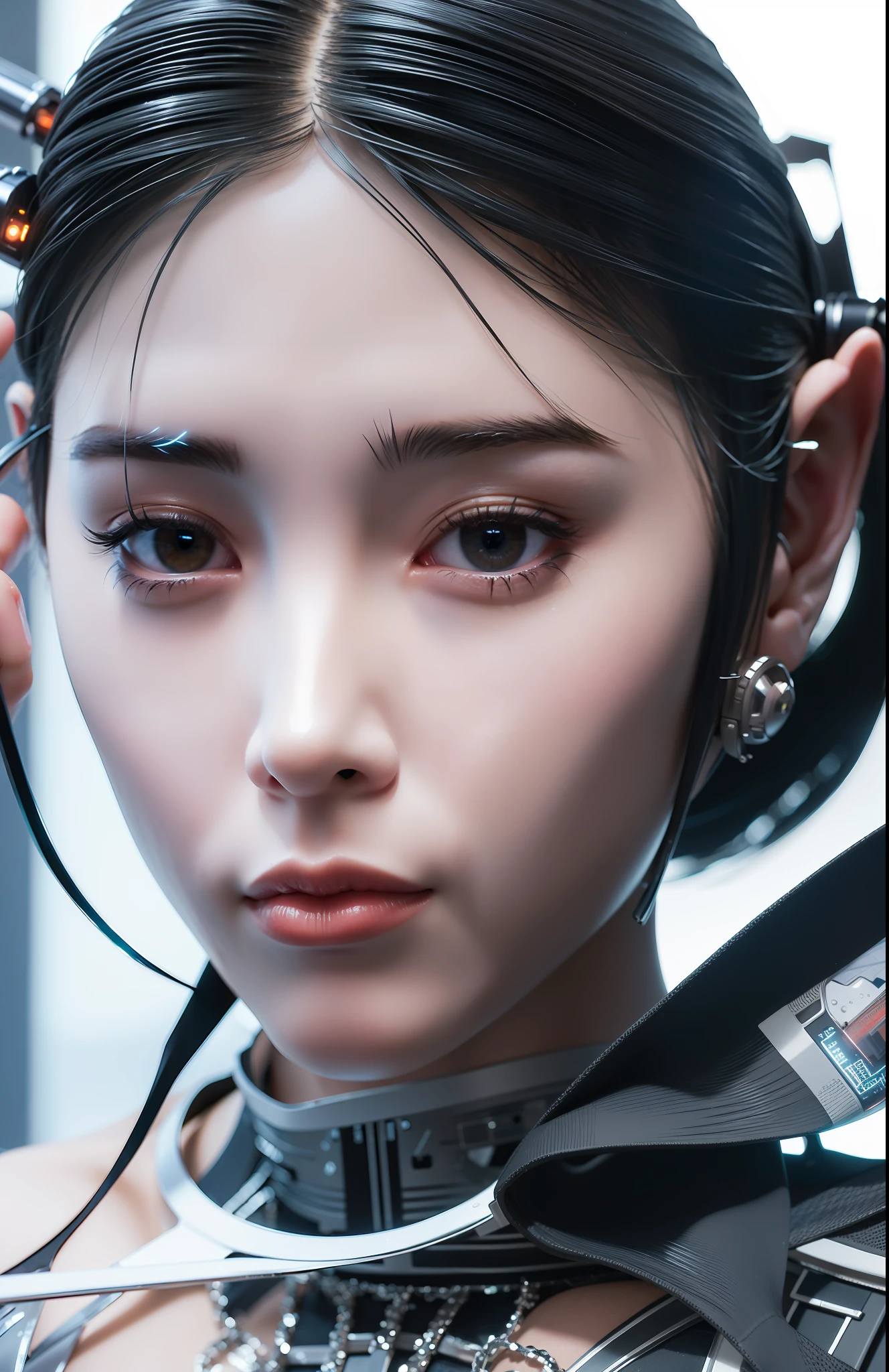 complex 3d render android face ultra detailed beautiful china profile woman, cyborg, robot part, 150 mm, beautiful studio soft light, edge light, vivid detail, fancy cyberpunk, lace, hyperrealistic, ???????, facial muscles, electric wires, microchips, elegant, beautiful background, octane render, HR Giger style, 8k, top quality, masterpiece, illustration, smooth and beautiful, highly detailed, CG, unity, wallpaper, (realistic, photo-realistic: 1.37), excellent, detail refined, masterpiece, top quality, official art, highly detailed, absurd CG unity 8k wallpaper, absurd, robot, silver halmet, full body, sitting