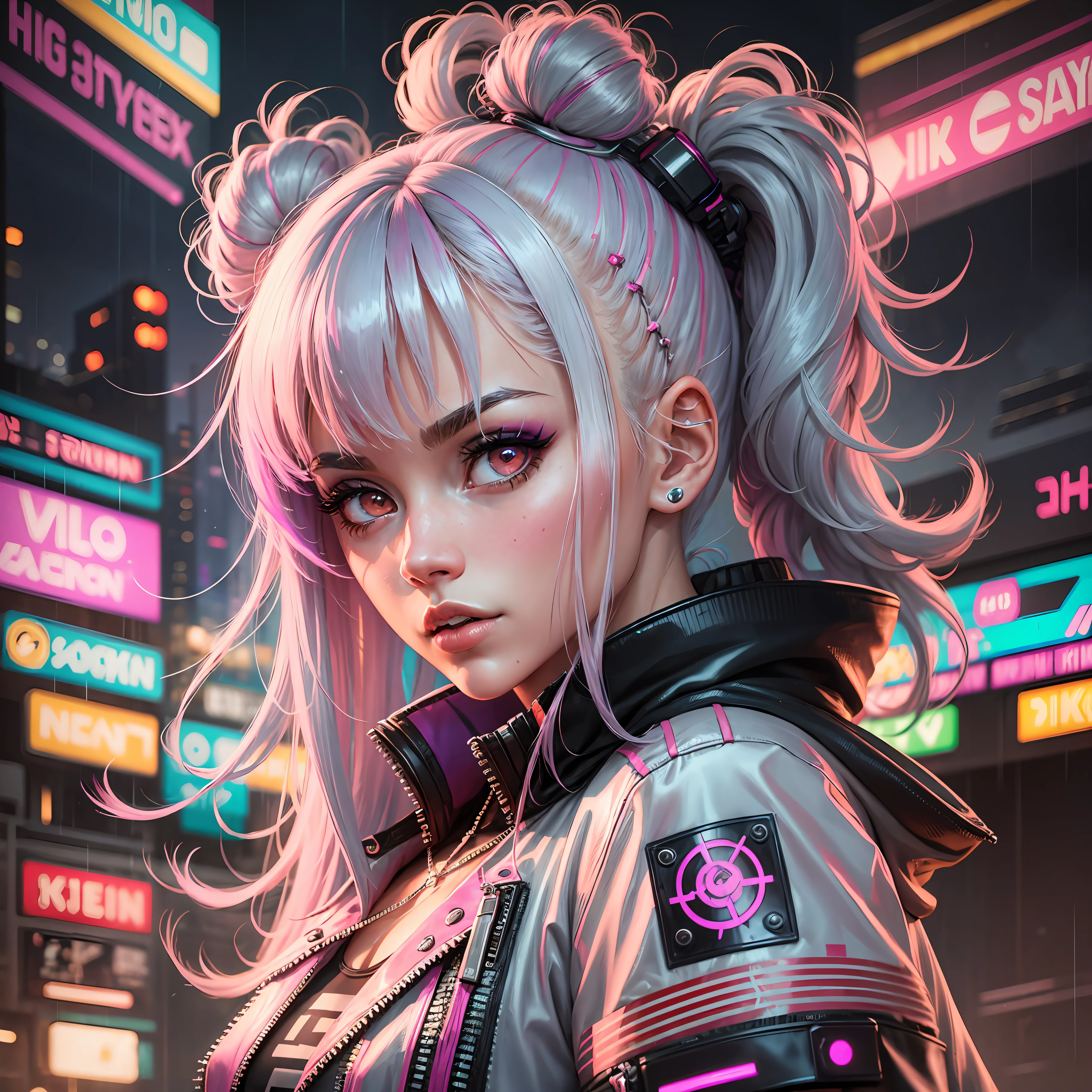 lucy \(cyberpunk\), 1girl, hair scrunchie, hime cut, silver hair, colored tips, full moon, gray eyes, jacket, long sleeves, looking at viewer, medium hair, colorful hair, parted bangs, parted lips, pink hair , portrait, red eyeliner, red lips, solo, white jacket, cyberpunk\(series\), cyberpunk city rainy night neon lights --auto --s2