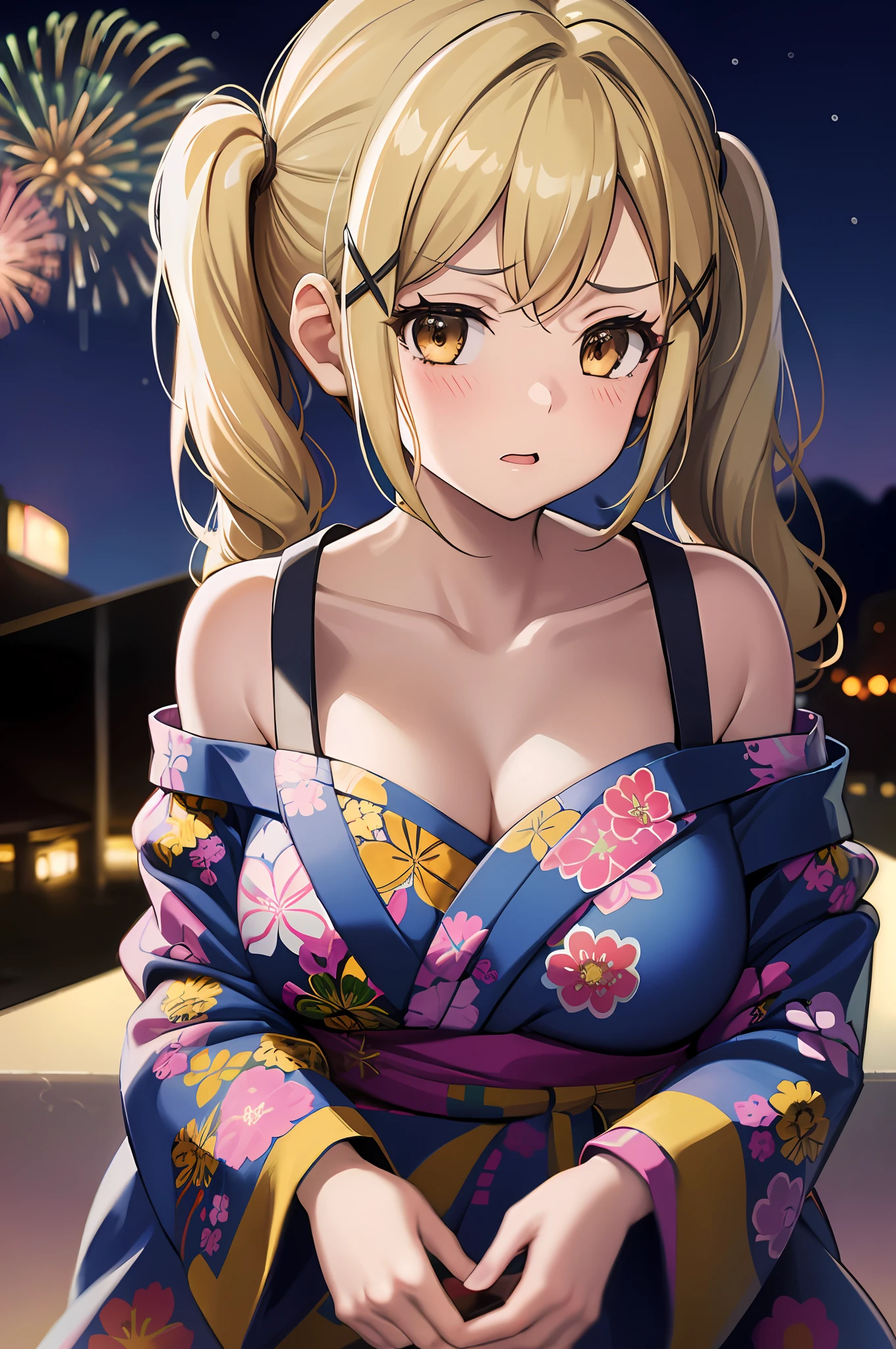 1girl, Arisa ichigaya, x hair ornament, blonde twintails, off shoulder yukata, cleavage, large breasts, fireworks background, night, pov