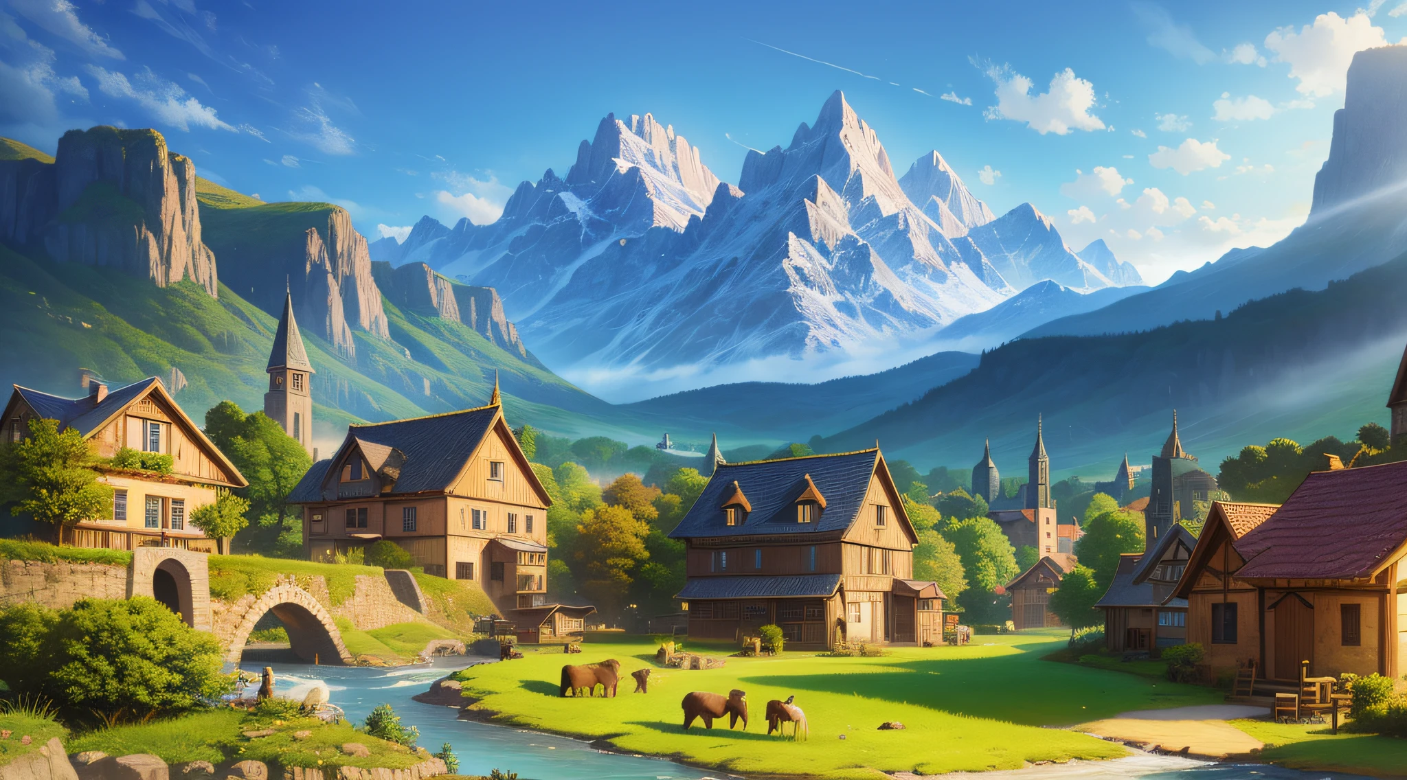 Village with inhabitants, fantasy art, mountains in the background, landscape, HDR, masterpiece, clear sky, noon