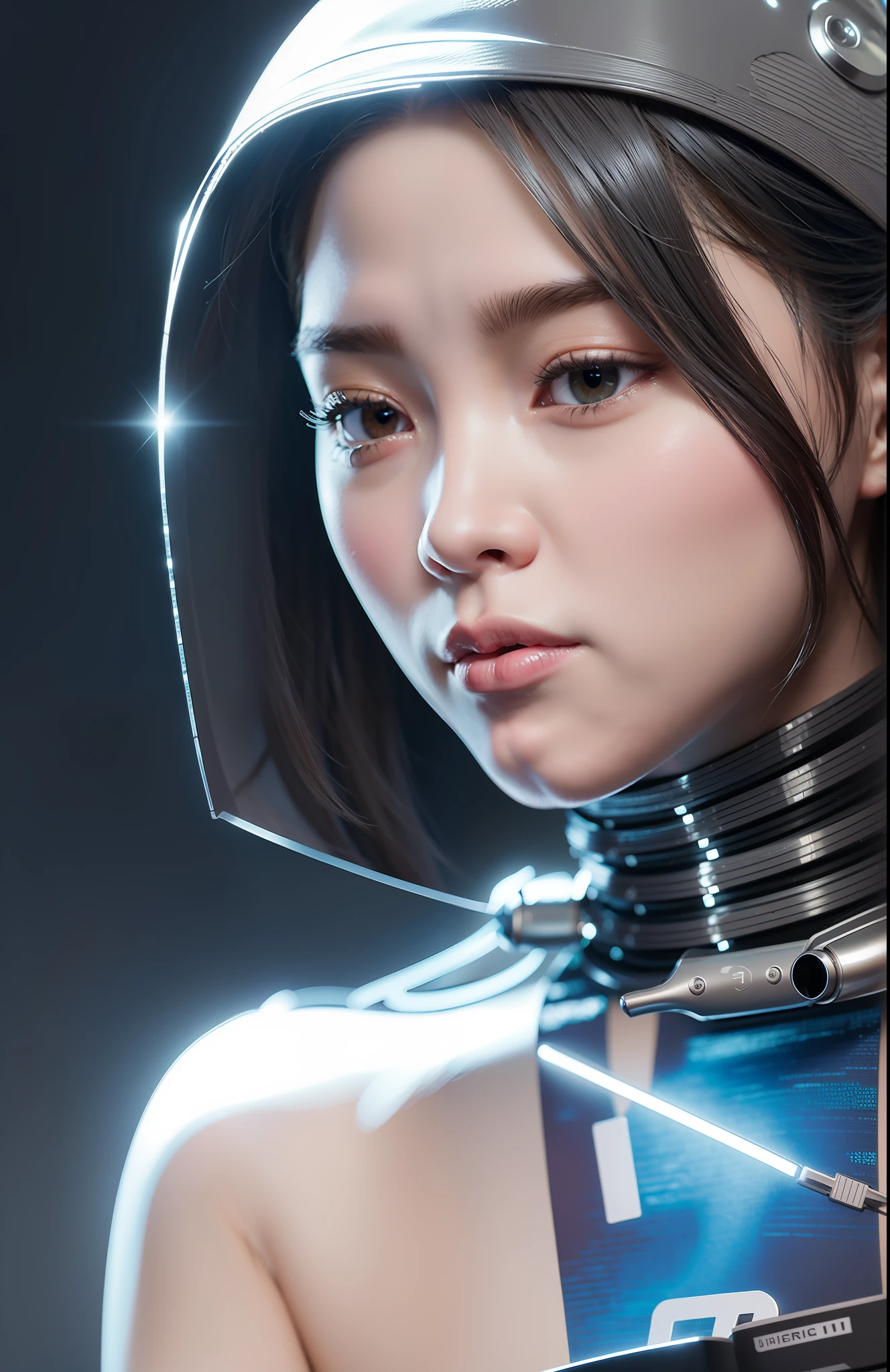 complex 3d render android face ultra detailed beautiful china profile woman, cyborg, robot part, 150 mm, beautiful studio soft light, edge light, vivid detail, fancy cyberpunk, lace, hyperrealistic, anatomy, facial muscles, electric wires, microchips, elegant, beautiful background, octane render, HR Giger style, 8k, top quality, masterpiece, illustration, smooth and beautiful, highly detailed, CG, unity, wallpaper, (realistic, photo-realistic: 1.37), excellent, detail refined, masterpiece, top quality, official art, highly detailed, absurd CG unity 8k wallpaper, absurd, robot, silver halmet, full body, sitting