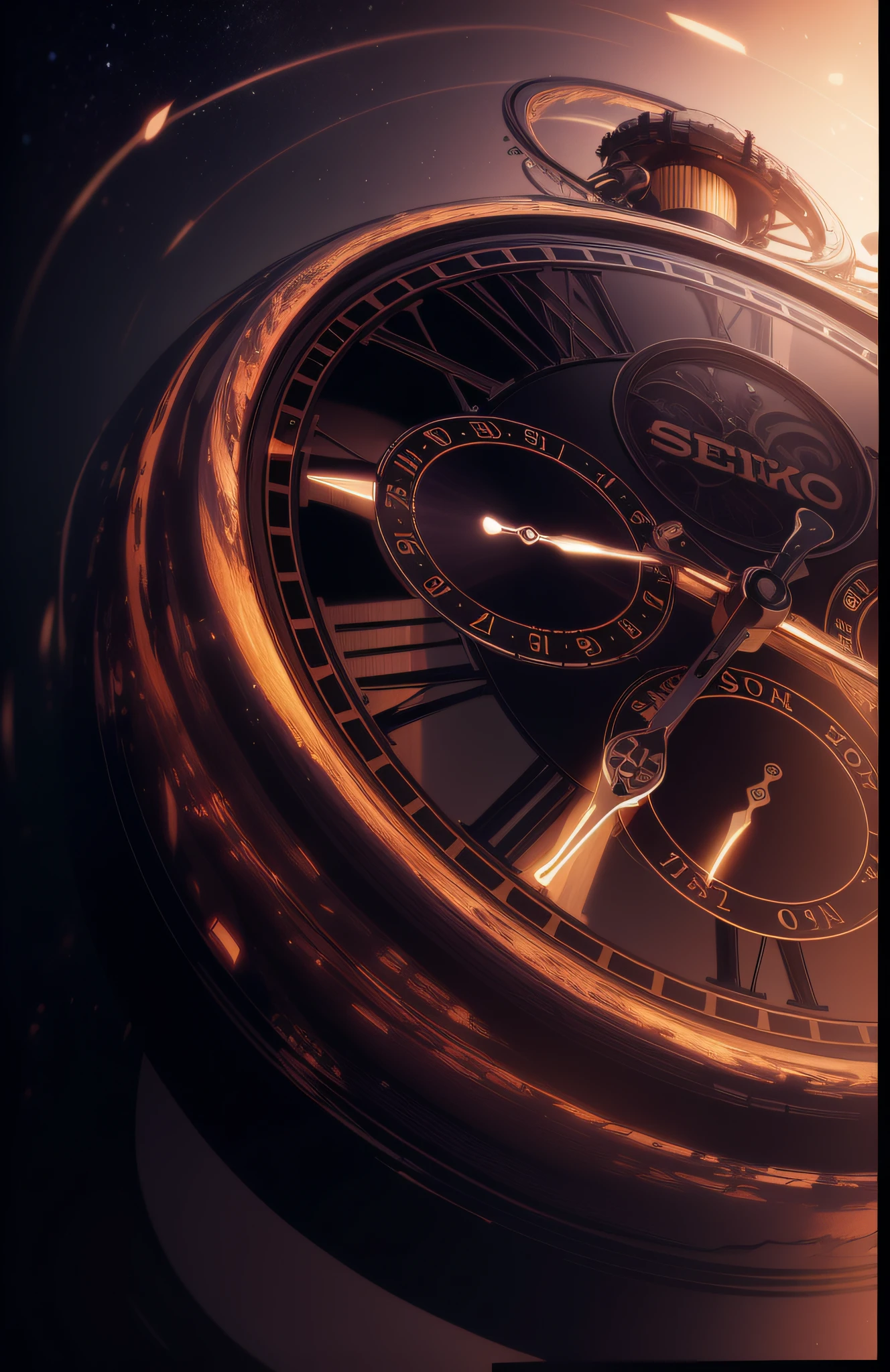 There is a movie poster with a clock, the illusion of bending time, starlight clockwork, the flow of time, complex shapes, 8K, distortion of time --auto --s2