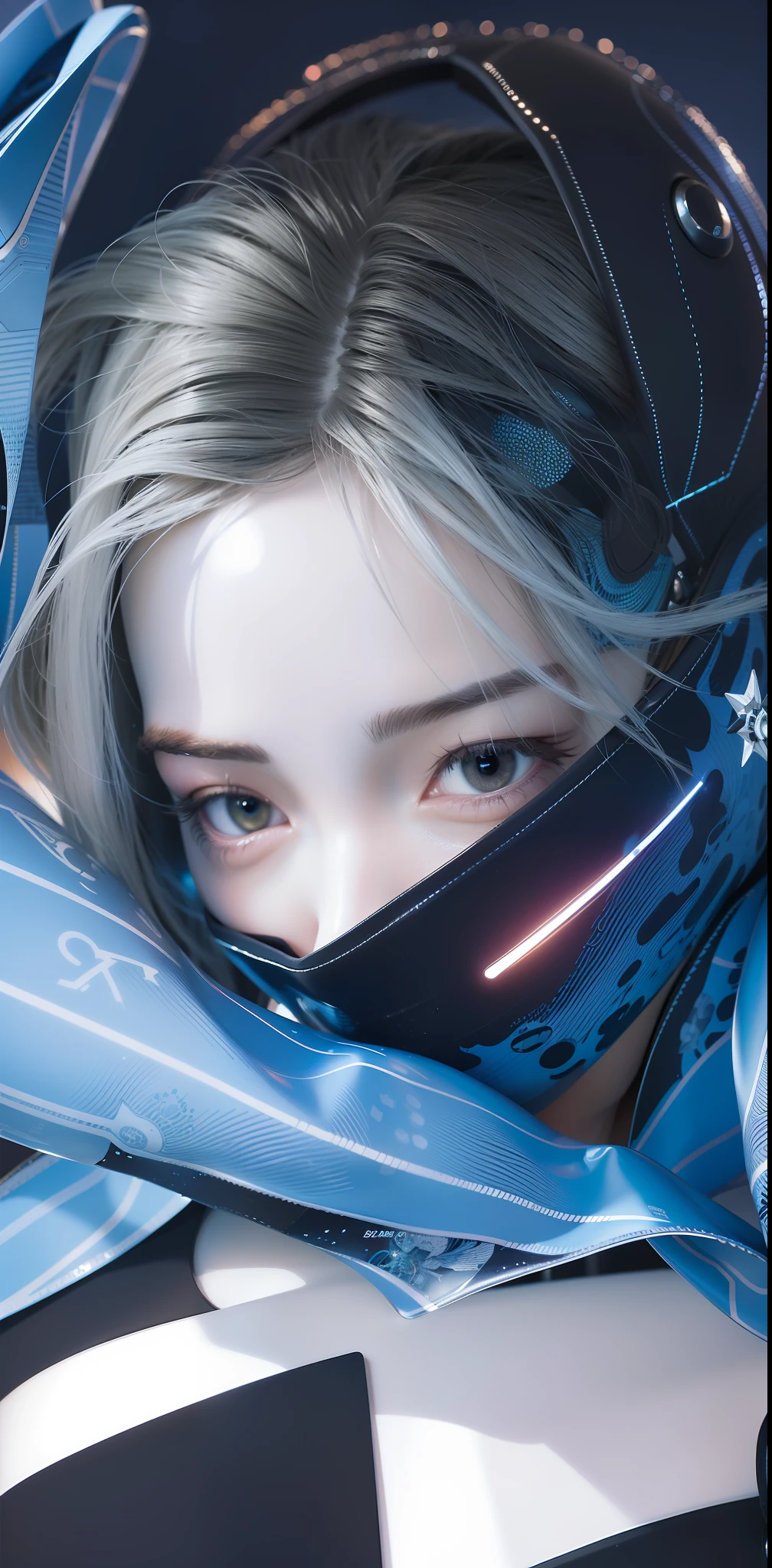 complex 3d render android face ultra detailed beautiful china profile woman, cyborg, robot part, 150 mm, beautiful studio soft light, edge light, vivid detail, fancy cyberpunk, lace, hyperrealistic, anatomy, facial muscles, electric wires, microchips, elegant, beautiful background, octane render, HR Giger style, 8k, top quality, masterpiece, illustration, smooth and beautiful, highly detailed, CG, unity, wallpaper, (realistic, photo-realistic: 1.37), excellent, detail refined, masterpiece, top quality, official art, highly detailed, absurd CG unity 8k wallpaper, absurd, robot, silver halmet, full body, sitting