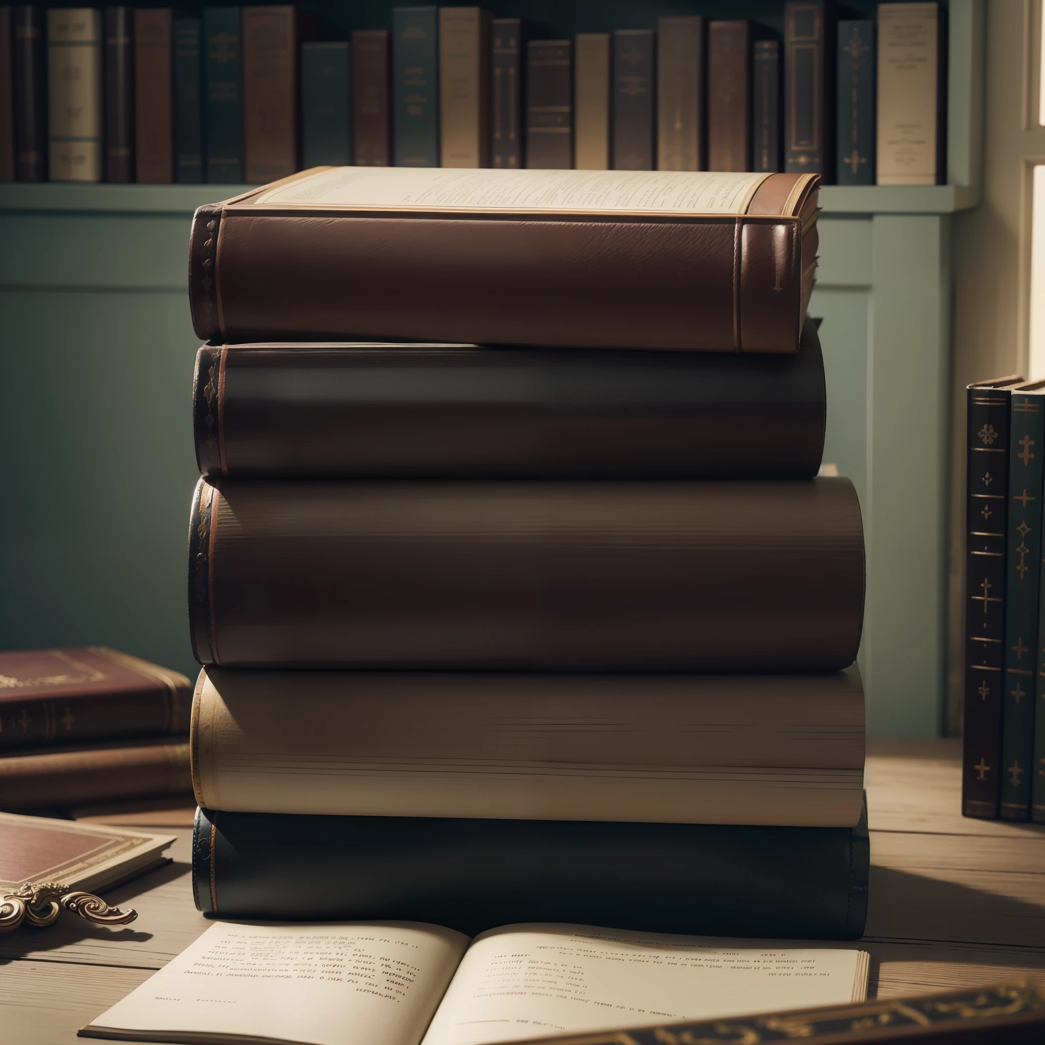 (extremely detailed CG unity 8k wallpaper, best quality), multiple books, stacked in perfect alignment, serene library interior design, subtle warm light, vintage atmosphere, leather-bound classics, bookmarked pages, academic decoration, bookworm's paradise.