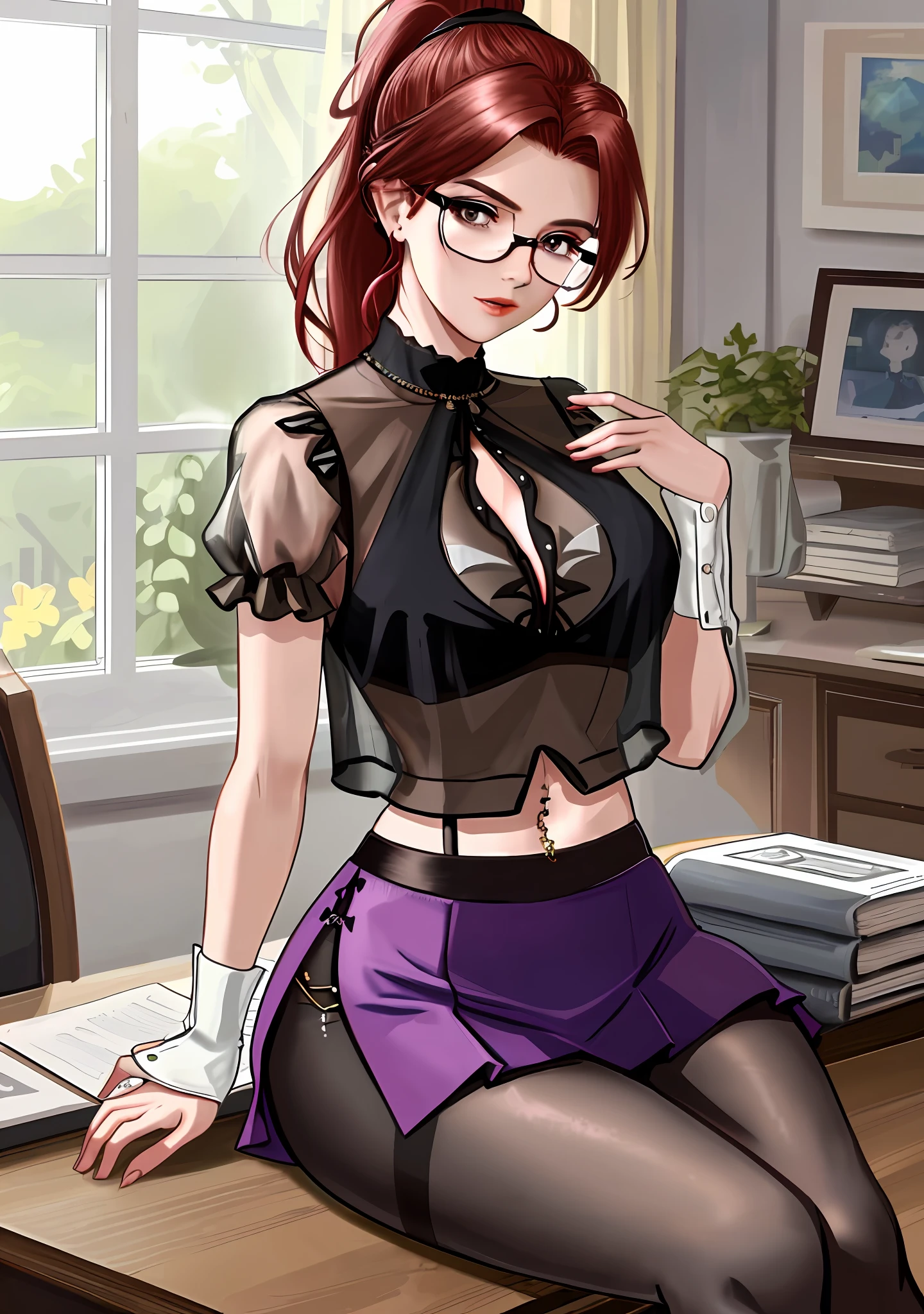 16k, UHD, Hyperrealistic, High detail, best quality, beautiful mature woman, red-head, glasses, wearing short tight purple skirt, wearing sheer black sleeveless blouse, hair in ponytail, unbuttoned blouse, large boobs, flirtatious, sheer black thigh-high tights, boob window, leaning on desk in home office, sheer top, see through top, belly button piercing, fully sheer blouse revealing entire torso and chest, eating a banana