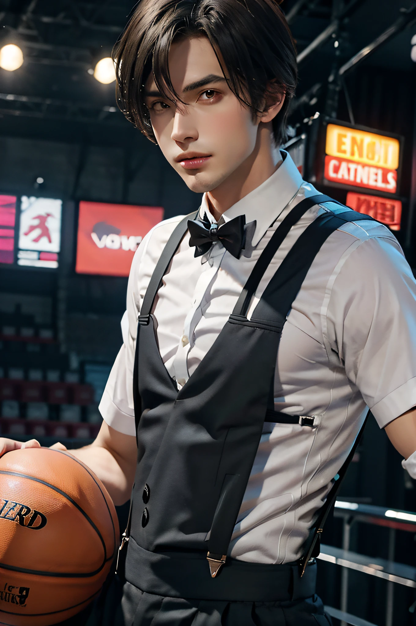 There is a stage with a handsome man in suspenders playing basketball, anime style, 4K HD