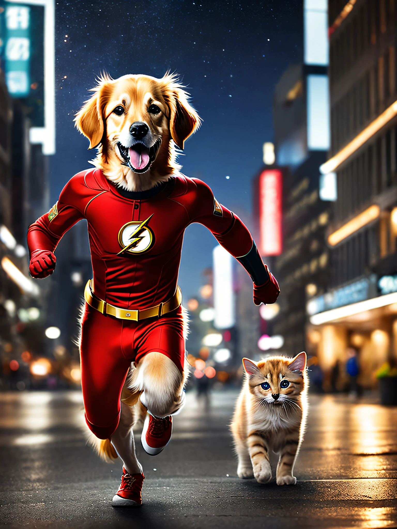 Golden Retriever puppy x The Flash red suit saving kitten, running, cute, happy, (cinematic:1.2), background night city