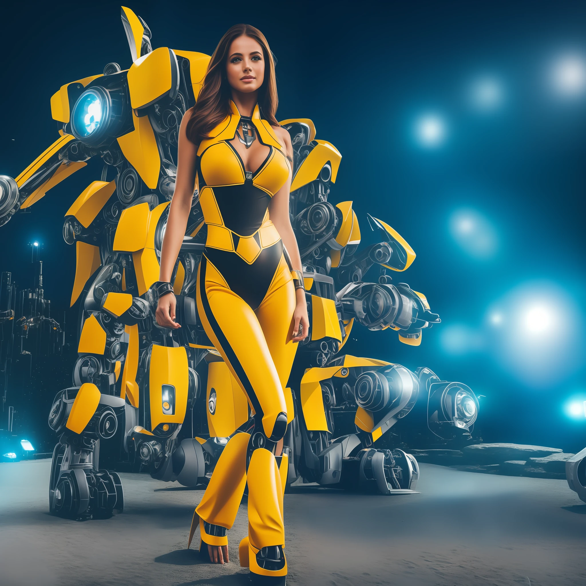 beauty, bikini costume, standing in front of bumblebee robot, mechanical style, machine factory, romanticism, surrealism, chiaroscuro, ray tracing, uhd, textured skin, best quality, 1080P, 8k, 1080P --auto --s2