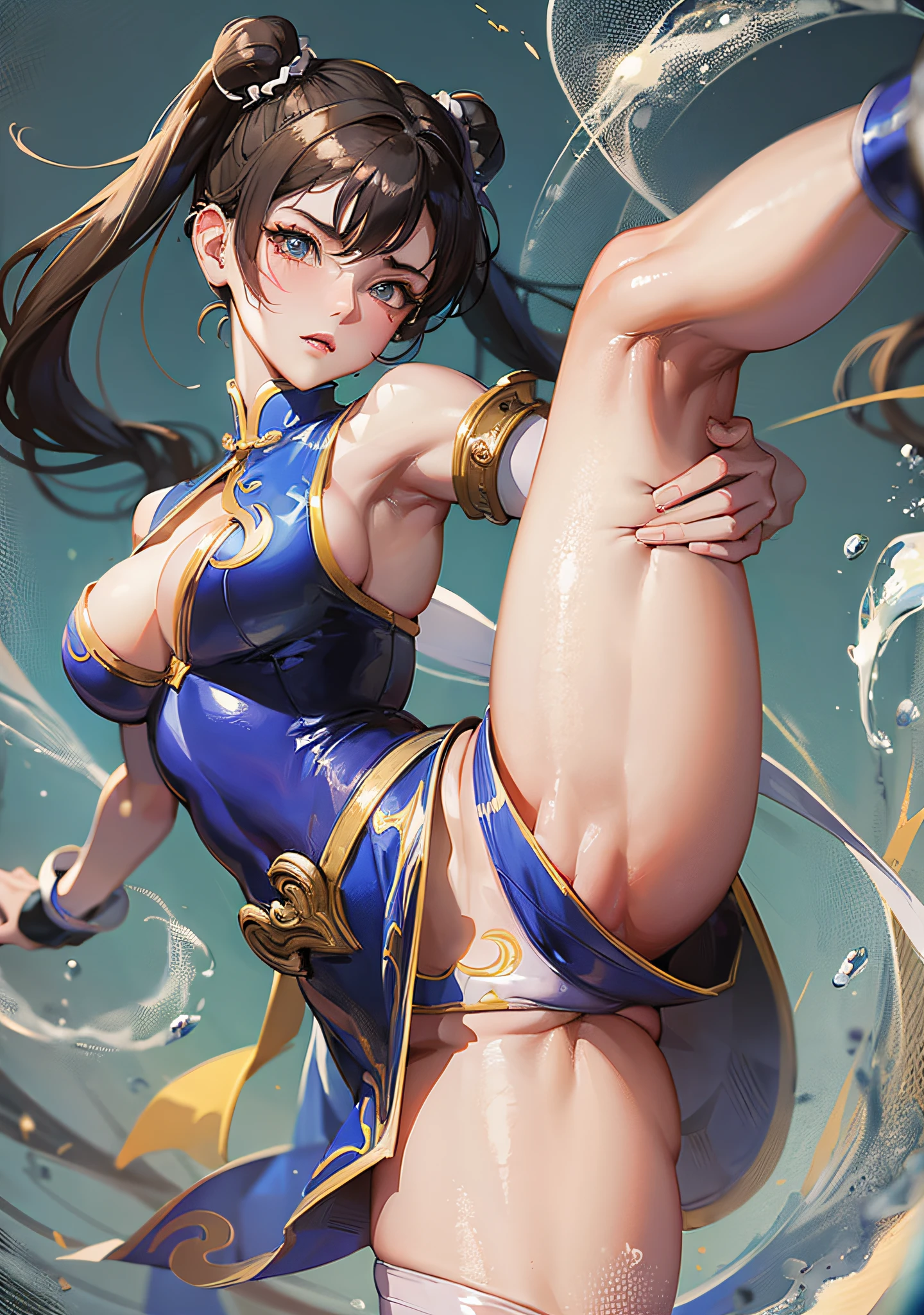 Street Fighter's Chun Li, Very Beautiful Girl, Small Man's Waist, Long Leg Proportions, Longeyelashes, Determined, White High Boots, Best Light and Shadow, Tilt View, Capcom Style, Ultra HD, 8K, Real Skin, All Body is Water, Chun Li's Signature Action, Black Stockings, Big Watery Eyes, High Nose Bridge, Small Mouth, Big Breasts, Wide Crotch, Chun Li's Classic Clothing, Mature, 30 years old