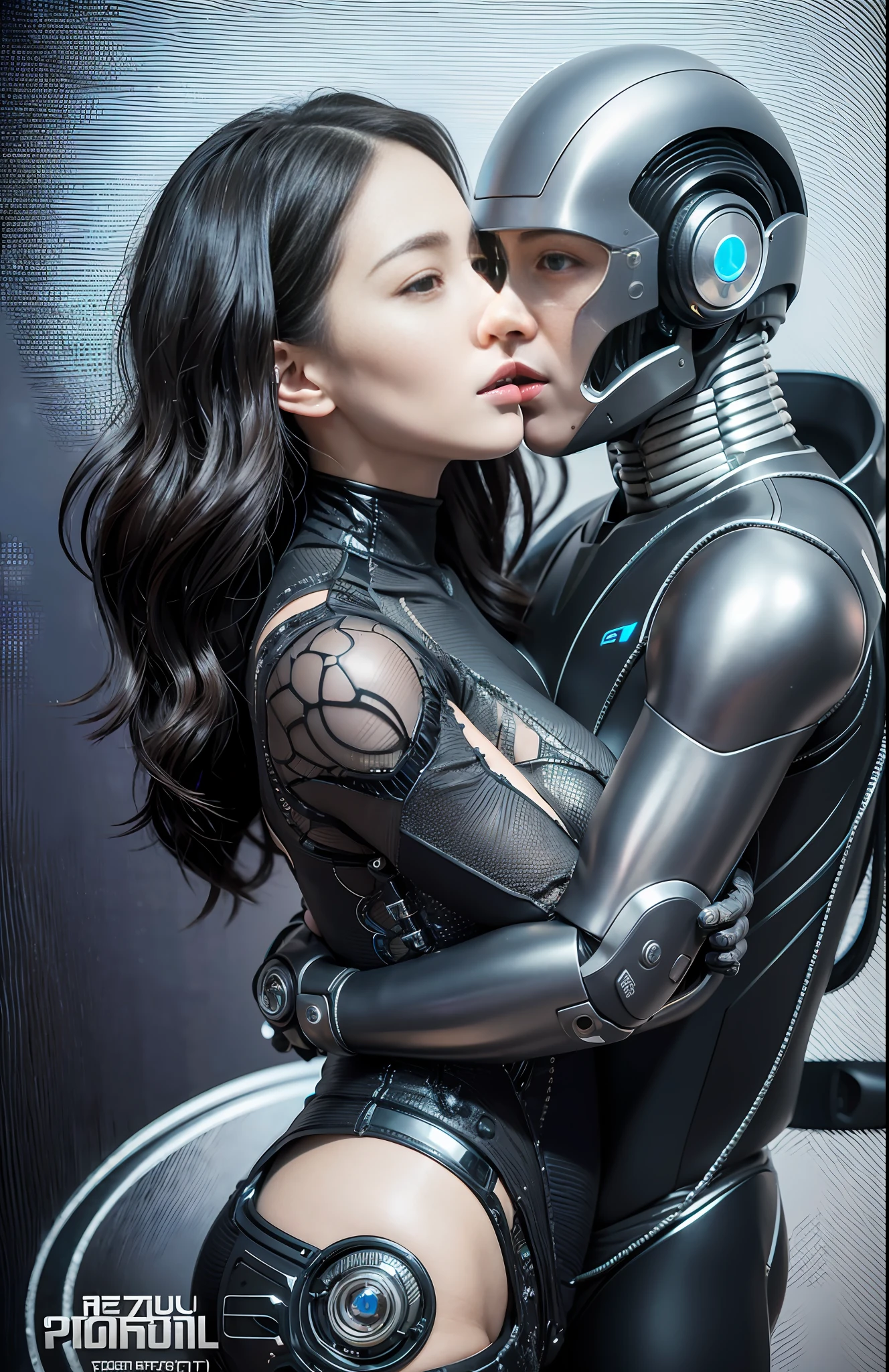 A 25 year old realistic real man in jacket clothes and a female robot passionately lingering hugging and kissing, complex 3d rendering very detailed beautiful ceramic silhouette female robot face, robot, robot parts, 150mm, beautiful studio soft light, edge light, vibrant details, luxurious cyberpunk, lace, surrealism, anatomy, facial muscles, cable wire, microchip, elegant, beautiful background, octane rendering, HR Giger style, 8k, best quality, masterpiece, illustration, very refined and beautiful, very detailed, CG, unified, wallpaper, (realism, realism: 1.37), amazing, fine detail, masterpiece, best quality, full body,