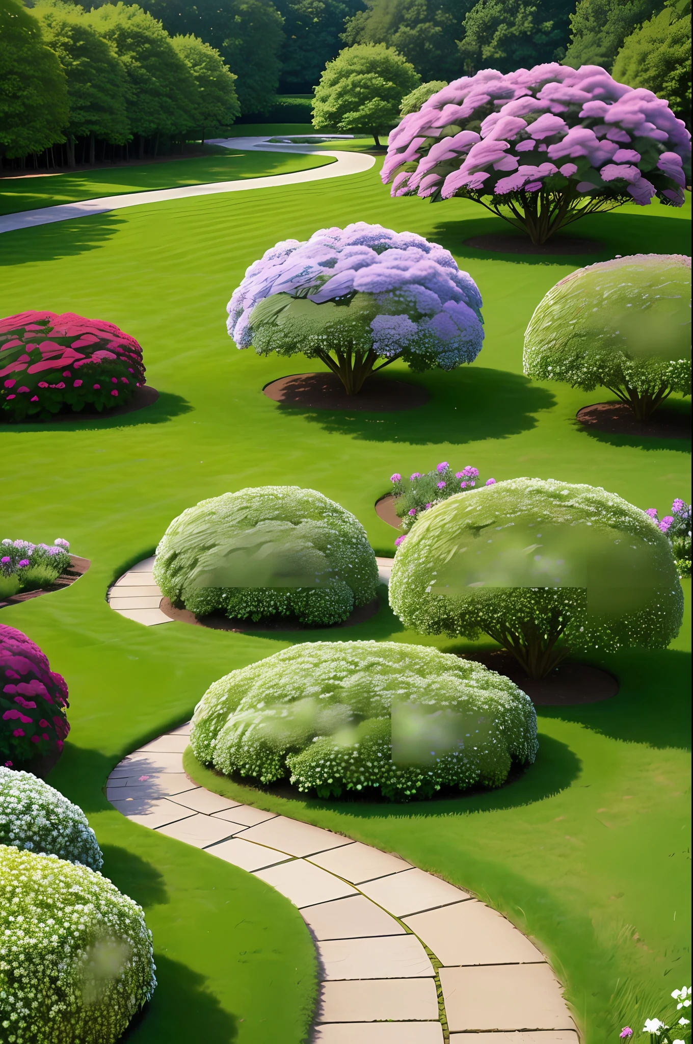 Hydrangeas, park, lake, small hill, pebble path, masterpiece, best quality, anatomically correct, high details, 8K, wallpaper