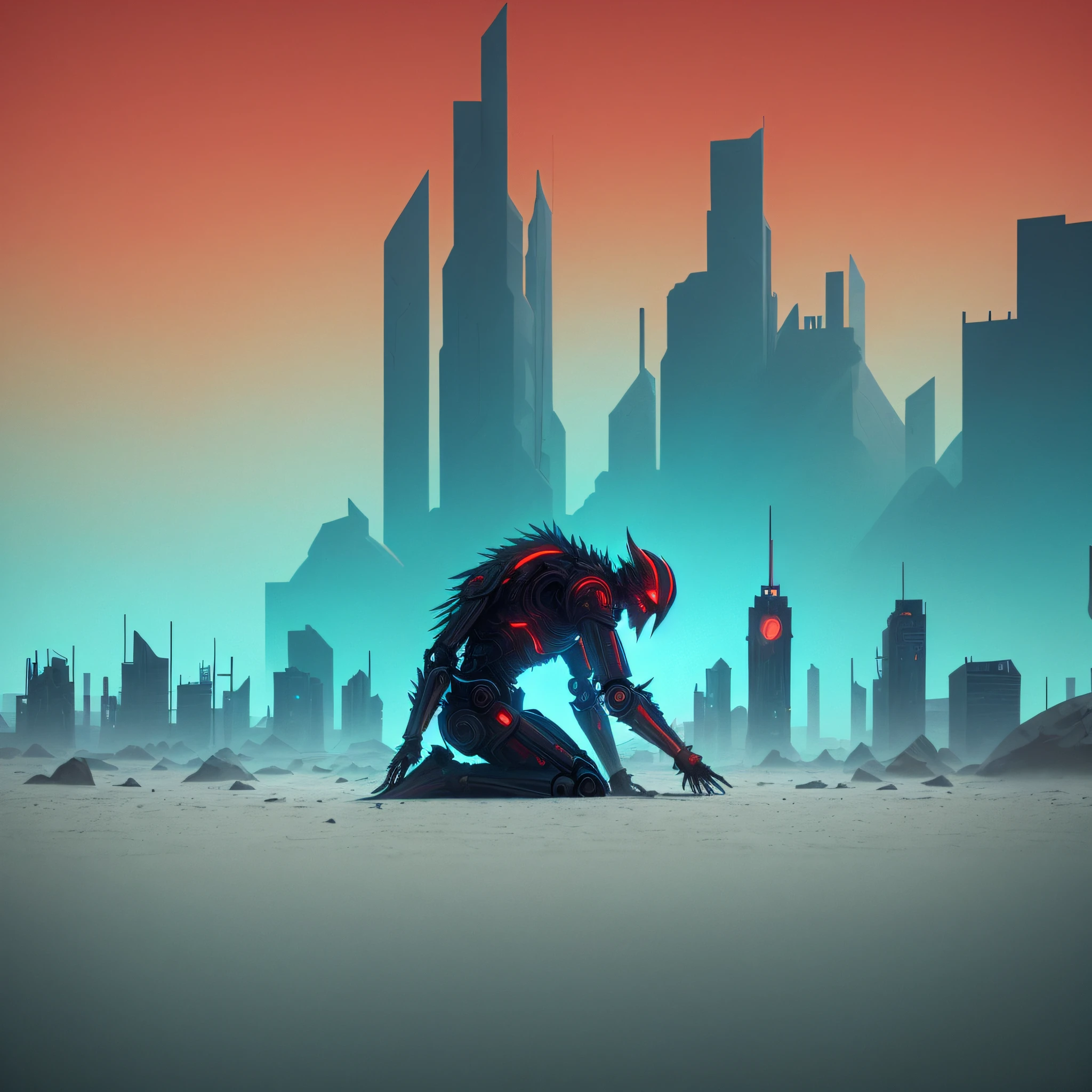 There is a robot demon with "black feathered wings," "red eyes and red horns on his head," lying on his knees in the dying sand, "ray of blue light" falling on his body, desert with symmetrical city on the horizon by day, "sky with mist." dystopian digital art, city in the desert, futuristic in the desert, 4k comic book phone wallpaper, inspired by Mike Winkelmann, David Bowie, and Simon Stålenhag, future of this, bleak. Digital illustration, Desert City, Blue 4K wallpaper, blue-toned image with colors of Muse album cover Black Holes & Revelations