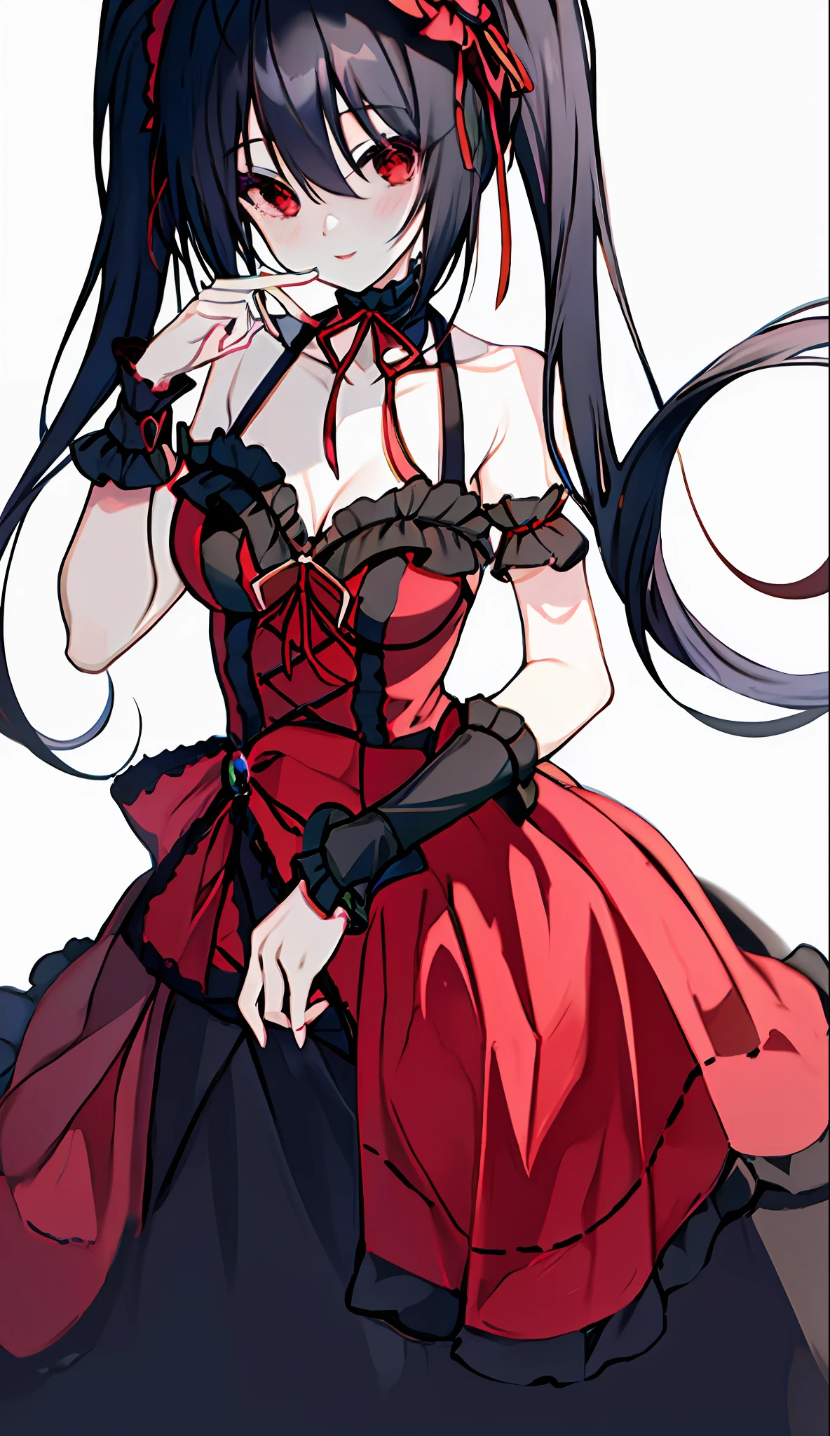 18 Year  Beautiful Girl, Masterpiece, Top Quality, 8K Anime, 1 Girl, Solo, Detailed Fingers, Precise Fingers, Non-Unnatural Hands, Odd Eye, Red Eyes, Cleavage, Black Hair Twin Tails, Kurumi Tokizaki