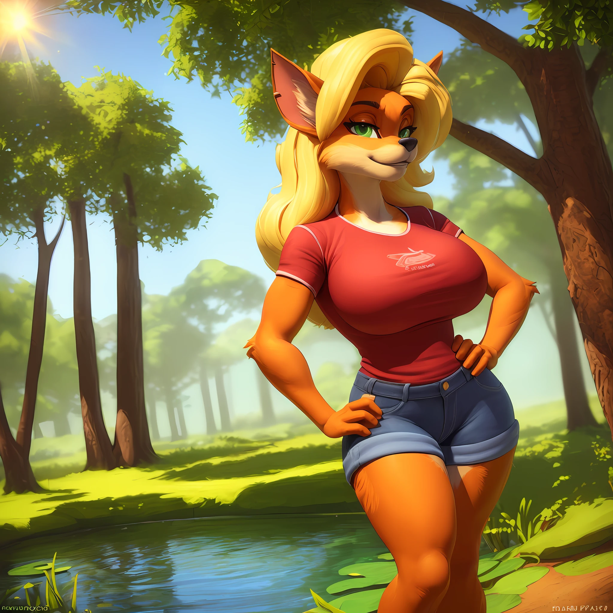 [originaltawna], [Uploaded to e621.net; (Pixelsketcher), (wamudraws)], ((masterpiece)), ((solo portrait)), ((1girl)), ((raw photo)), ((furry; anthro)), ((detailed fur)), ((raytracing)), ((detailed shading)), ((beautiful 3D art)), {anthro; (orange fur, black nose, pointed ears), beautiful green eyes, blonde hair, long curly hair, happy smile, (red shirt, large boobs, blue denim shorts), red sneakers}, ((standing; hand on hip) attractive pose), [background; plains; (trees, sun rays through trees, pond)]