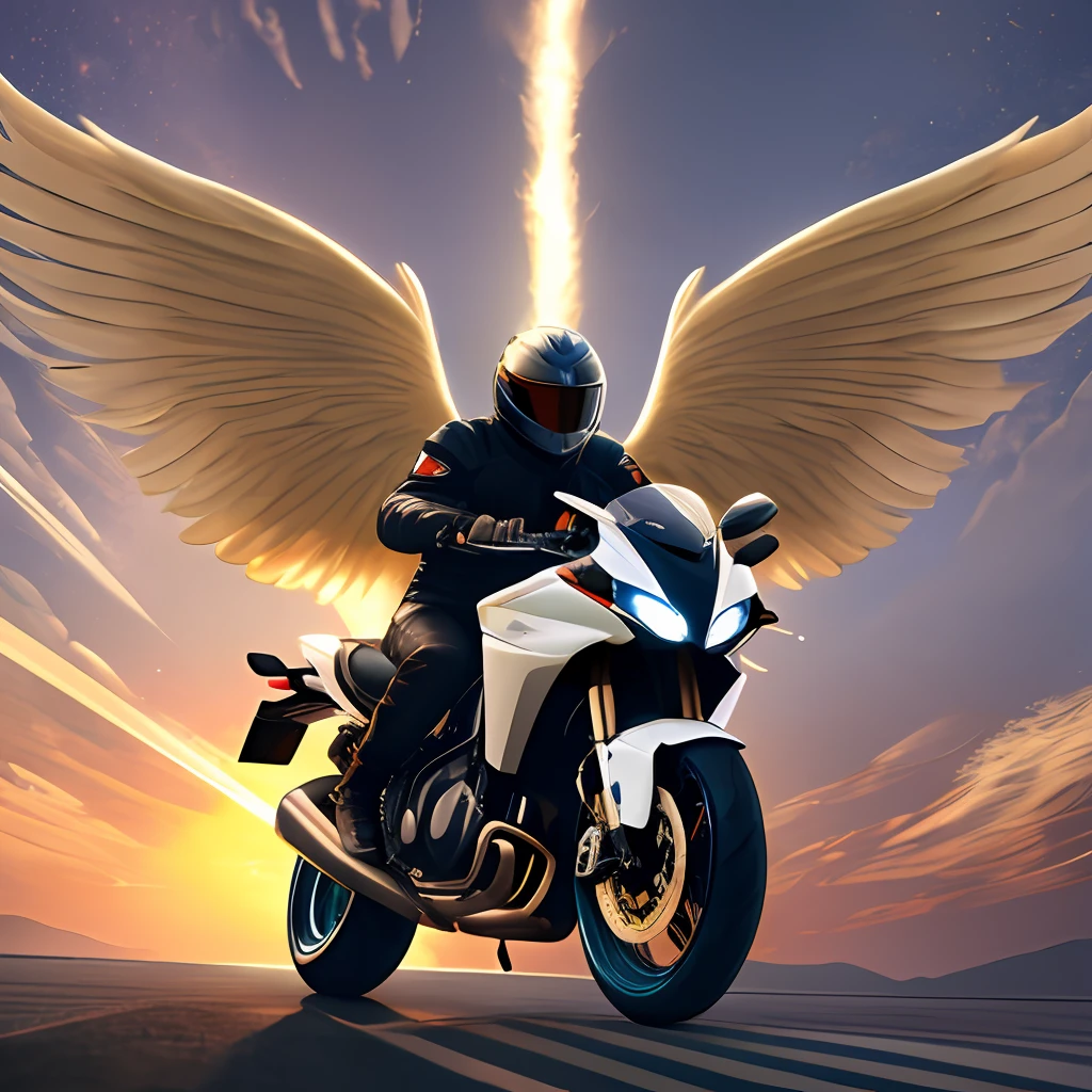 dynamism, angel with big wings, riding a motorcycle with cut through the wind, big wings, wearing a motorcycle helmet, wings fluttering in the wind, sunset, meteor, light --auto --s2