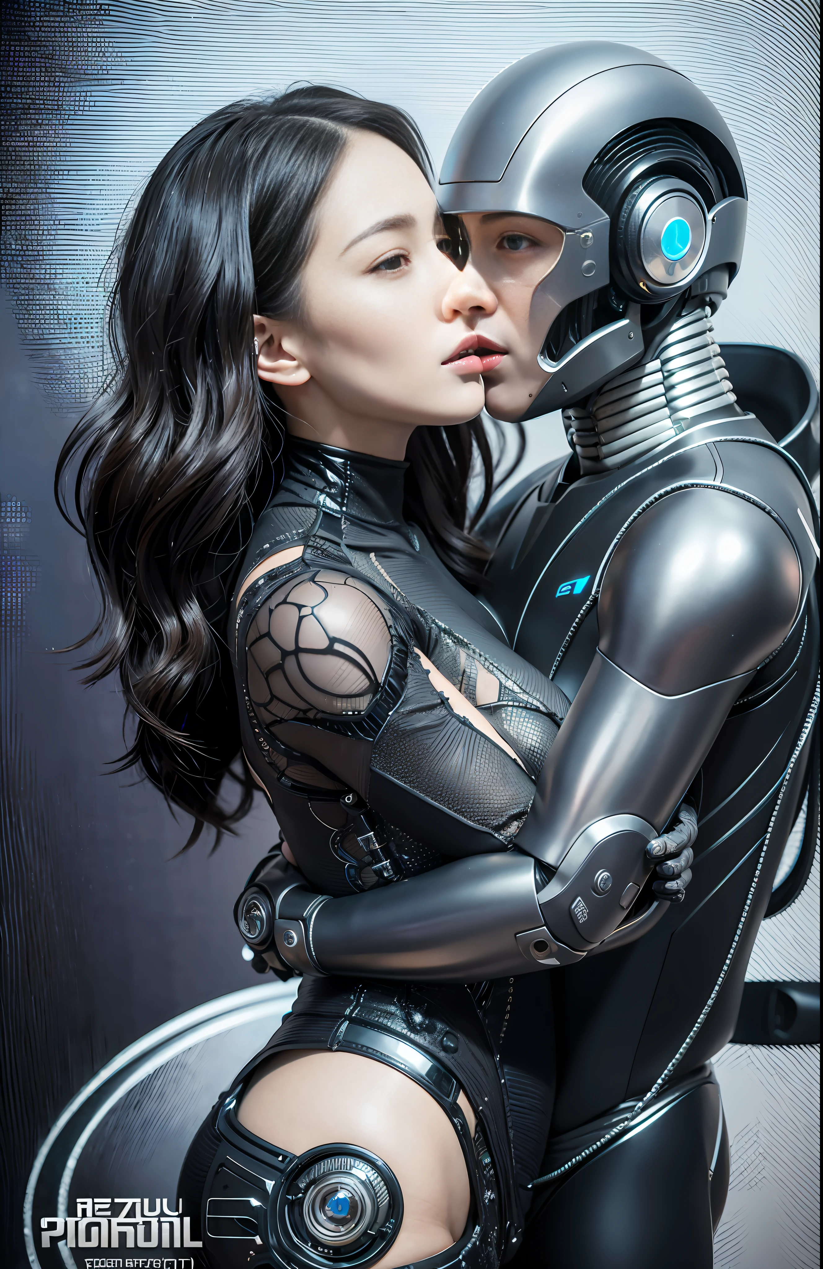 A 25 year old realistic real man in jacket clothes and a female robot passionately lingering hugging and kissing, complex 3d rendering very detailed beautiful ceramic silhouette female robot face, robot, robot parts, 150mm, beautiful studio soft light, edge light, vibrant details, luxurious cyberpunk, lace, surrealism, anatomy, facial muscles, cable wire, microchip, elegant, beautiful background, octane rendering, HR Giger style, 8k, best quality, masterpiece, illustration, very refined and beautiful, very detailed, CG, unified, wallpaper, (realism, realism: 1.37), amazing, fine detail, masterpiece, best quality, full body,