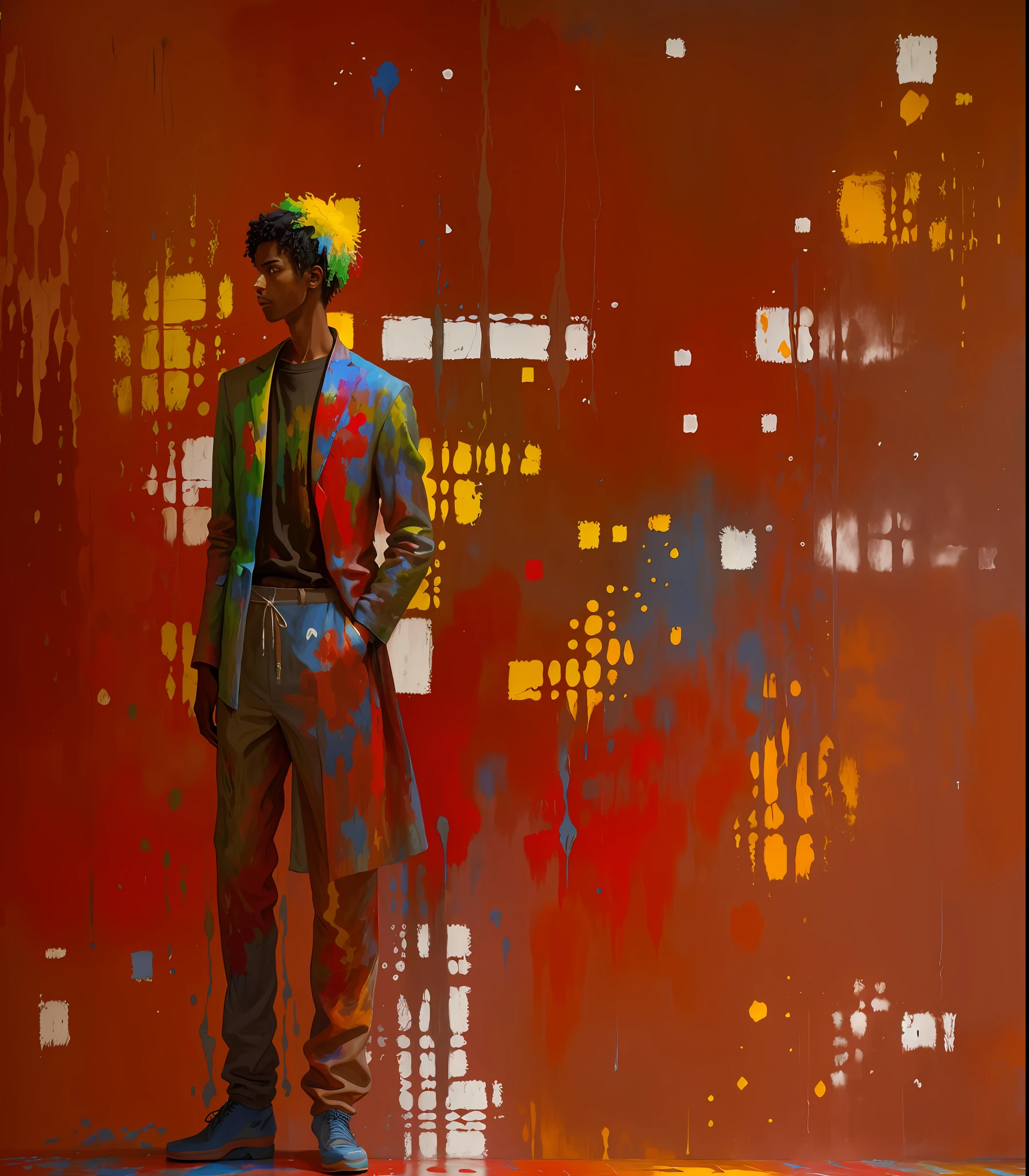 painting of a man standing in front of a colorful wall, 62 x 47 inches, by Alma Thomas, stained”, inspired by Mark Tobey, by Norman Lewis, synthetic polymer paint on linen, by Else Alfelt, illuminated, 'untitled 9 ', inspired by Patrick Heron, frenetic oil painting, detailed painting“, semiabstract, by Jan Jahn