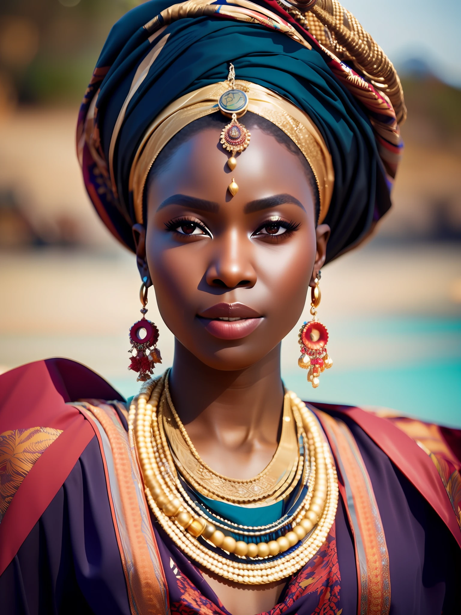 fking_scifi, fking_scifi_v2, portrait of a young very beautiful African woman, in front of a beach, rich colorful clothes, turban and golden african jewelry, close up, regal pose and attitude. fking_cinema_v2. fking_cinema_v2
