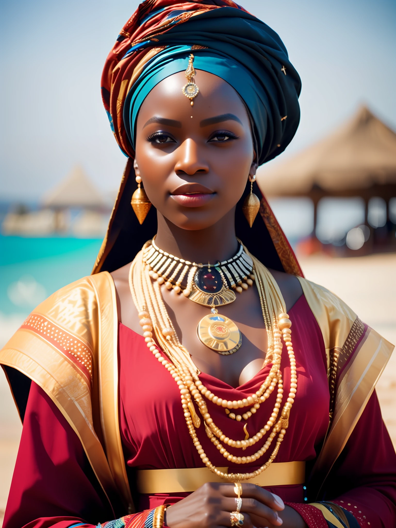 fking_scifi, fking_scifi_v2, portrait of a young very beautiful African woman, in front of a beach, rich colorful clothes, turban and golden african jewelry, close up, regal pose and attitude. fking_cinema_v2. fking_cinema_v2