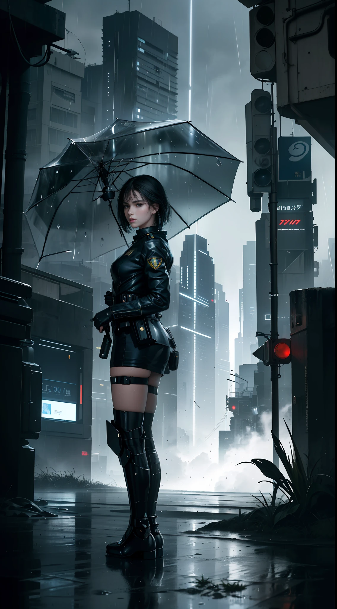 (Masterpiece, best picture quality, 8k resolution, realistic, rich and delicate facial contours, realistic police uniform, rainy weather, soaked skin, raindrops, thunder, Blade Runner movie style, stark dystopian feeling, science fiction style, pale skin, short black hair, ((young)), standing posture.)