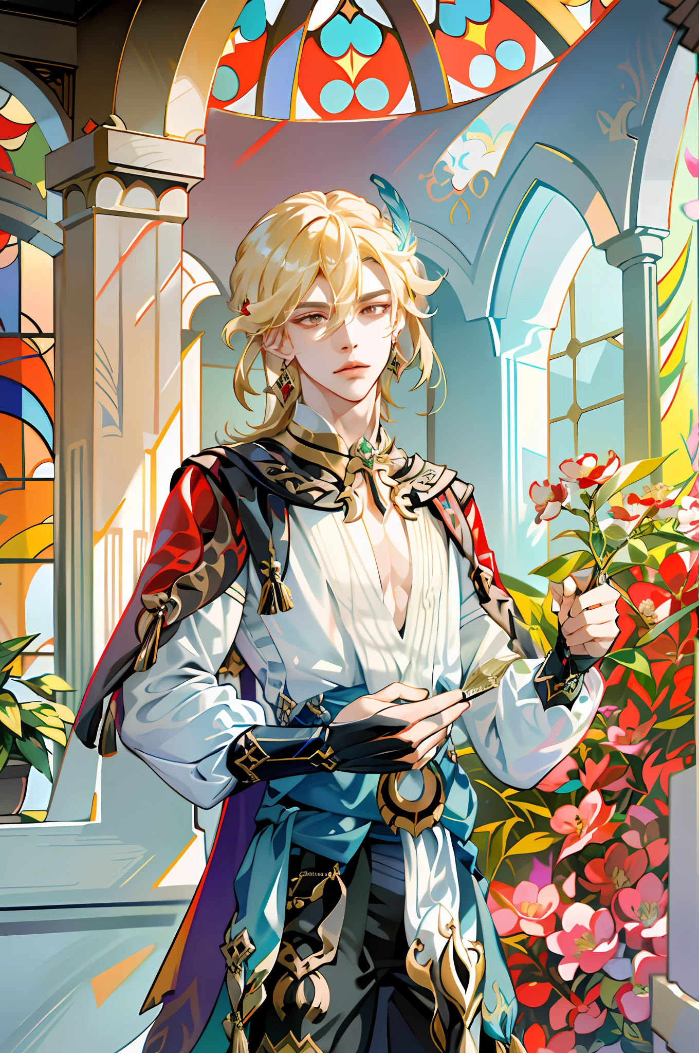 absurdres, highres, ultra detailed, kaveh (genshin impact), 1boy, male focus, solo, blonde hair, hair ornament, jewelry, long hair, red eyes, earrings, feather hair ornament, outside in a gazebo with stained glass walls, colorful flowers, sunny day, colored rays of sun from the stained glass
