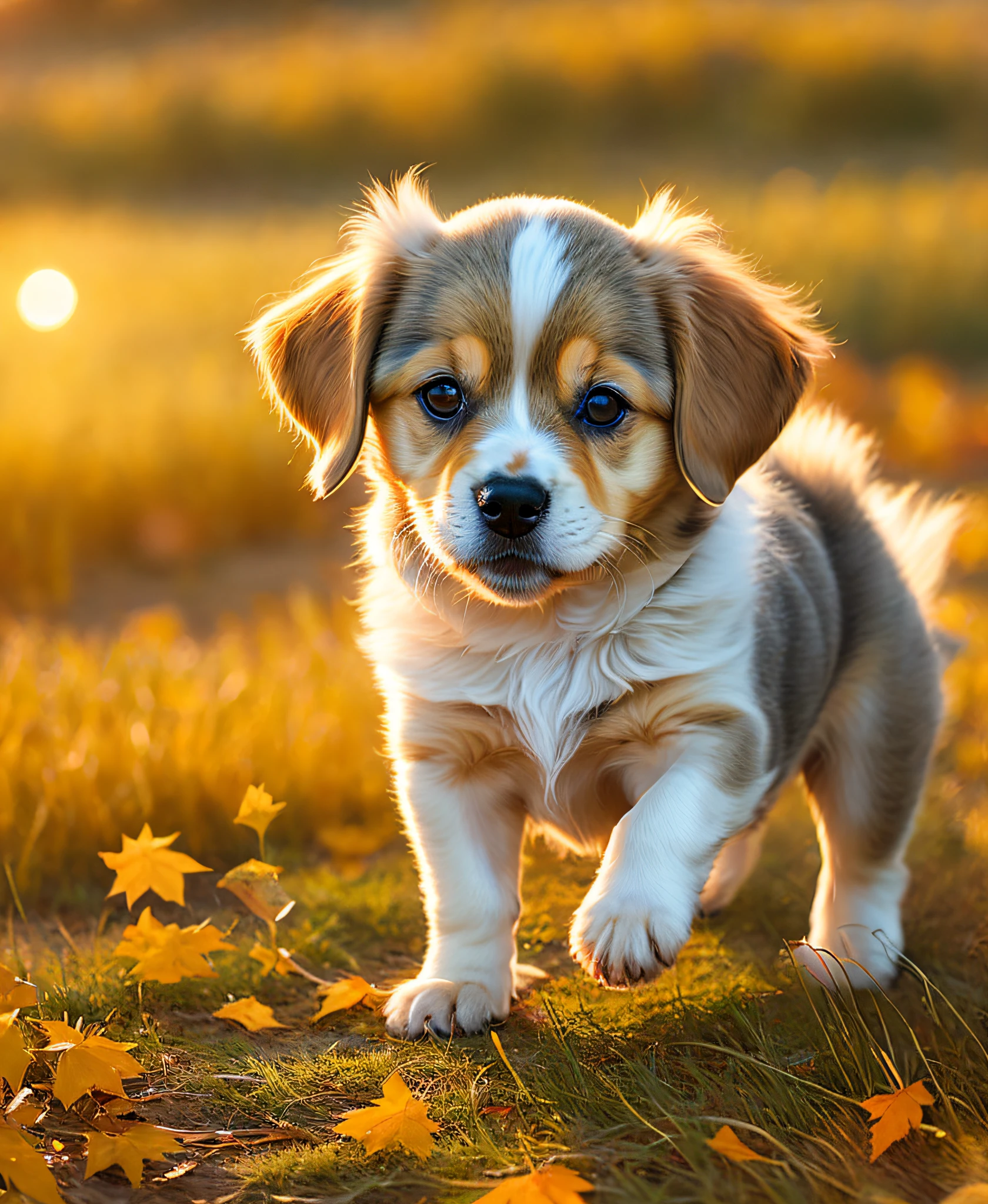 A 3D render of a textured photograph of a adorable puppy rolling around in the grass , golden during fall at sunrise, full moon, mirrorless, prime, polarizing, HDR.