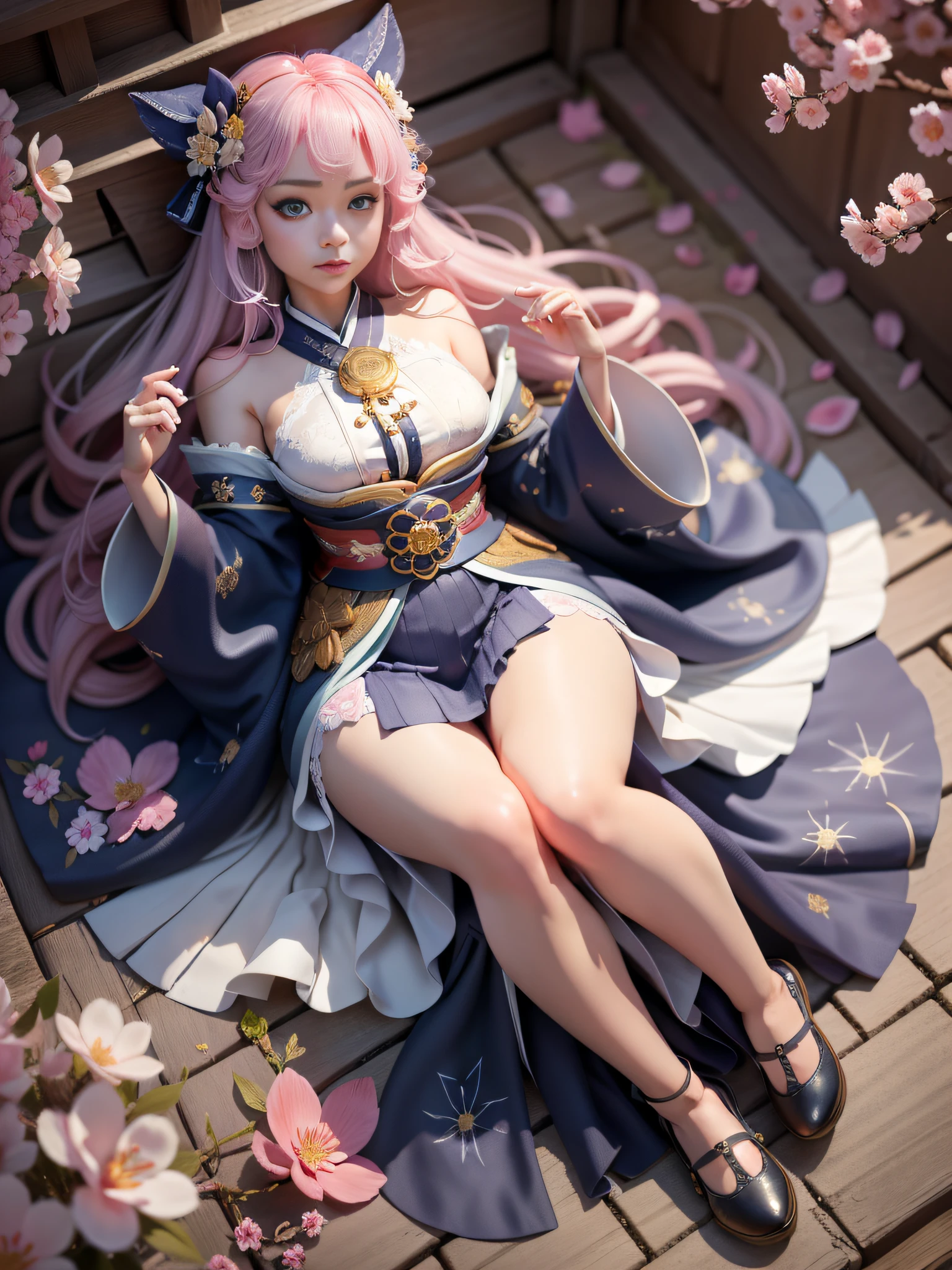 full body,full shot,sfw,russian goddess princess girl in the image of a geisha with big bright blue eyes and long fluffy eyelashes Nordic type with a perfect graceful figure and very long and fluffy wavy hair of bright wheat colour stands in full growth on the alley against the background of blooming Japanese pink sakura in Japanese kimono colour bright navy blue and Japanese shoes gane colour bright navy blue, Girl's lace kimono with intricate patterns with frank cutouts ultra short frankly sexy, Small breasts with protruding are viewable through the fabric and in the girl's ears are beautiful long delicate ear-rings with precious sapphires that shimmer and sparkle in the light The ground on which the girl stands is lavishly strewn with cherry petals, the scene is highly artistic, high resolution, sharp focus, artistic style Migjorni-V5, hyperphotorealism, perfect proportions, golden ratio photo, flare, outline, sunlight, soft glow, soft focus, photography style soft focus through a Monocle lens.