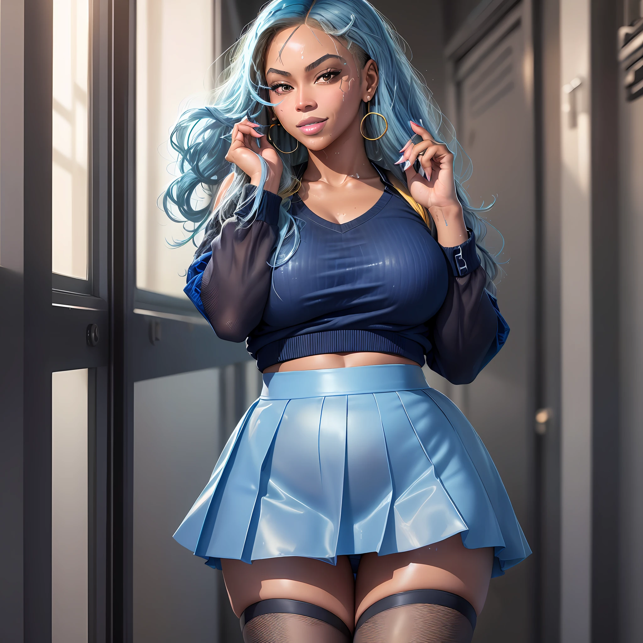 AGMM, 1girl, (Beyoncé, blue hair, Colored_Skin:1.2), wearing wet see-through school uniform, large breasts, reveal, covered, skirt, thighhighs. inside building, classroom, sunbeams, bokeh, sparkles, evening, smile, sexy smile,