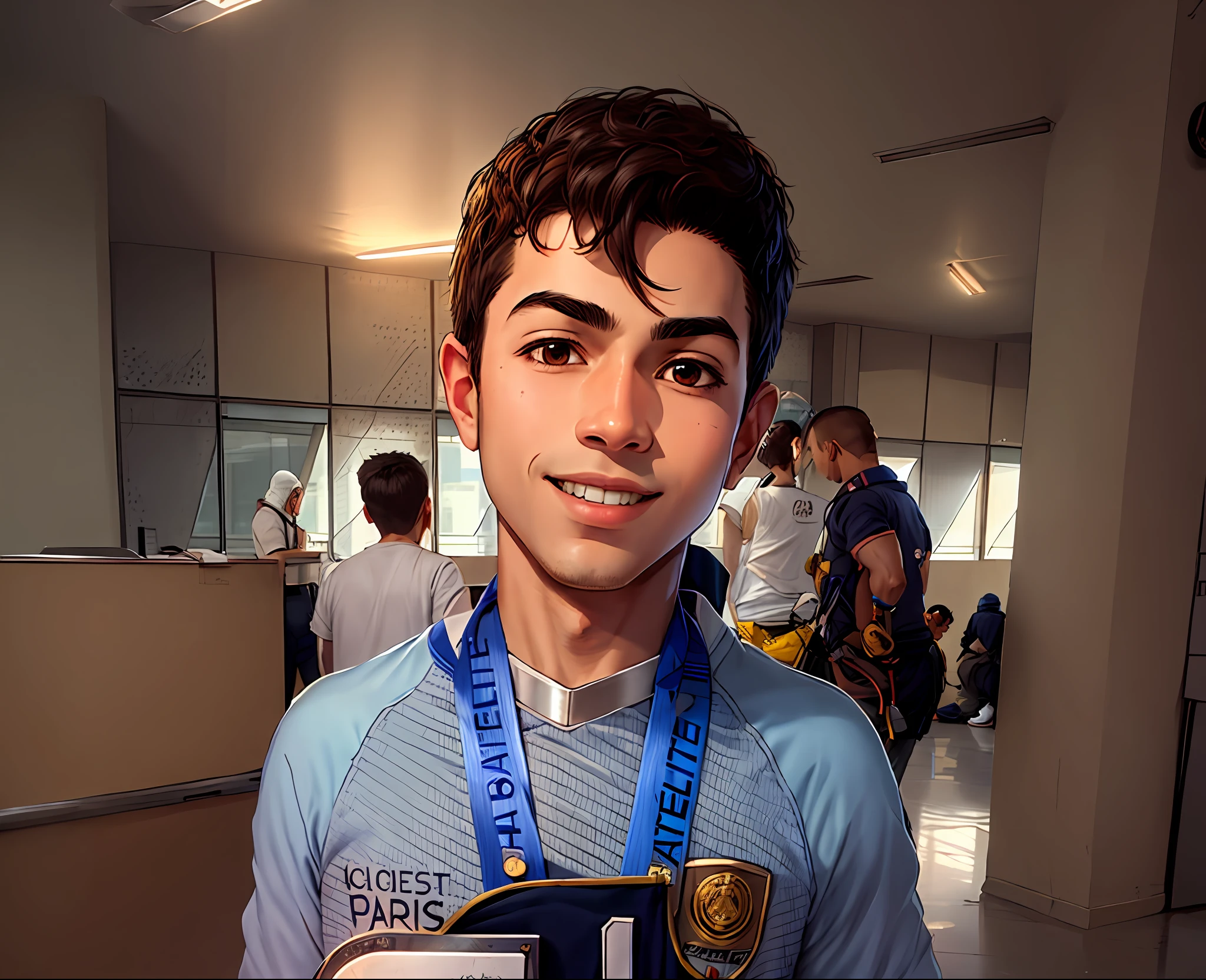 arafed boy holding a medal and a medal in a building, boy, anime