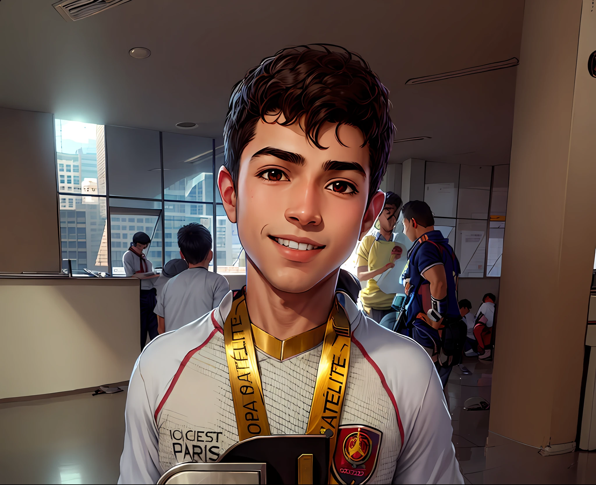 arafed boy holding a medal and a medal in a building, boy, anime