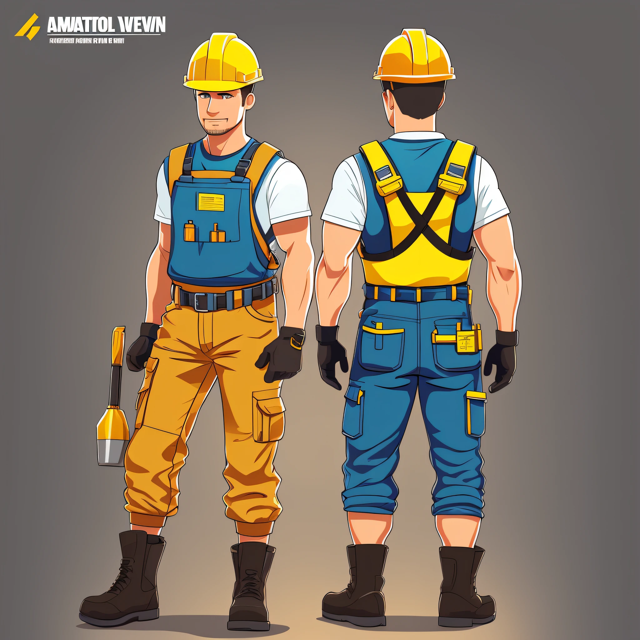 A cartoon of a construction worker wearing a safety vest and gloves, worksafe. illustration, full body photo of steve, wearing plumber's uniform, full electromancer portrait, detailed illustration, full body image, full body illustration, color illustration, one illustration, flat illustration, professional illustration, full body image, full figure, upper body avatar, dressed as a cleaner, front staff and back person,  standing full body, vector drawing, person with his back next to the person facing him --auto --s2