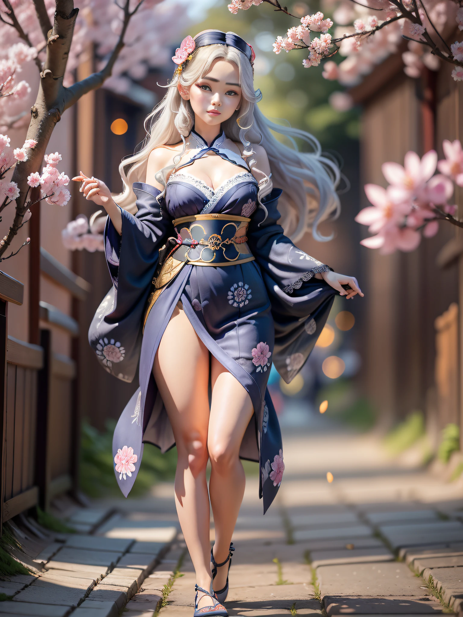 full body,full shot,sfw,russian goddess princess girl in the image of a geisha with big bright blue eyes and long fluffy eyelashes Nordic type with a perfect graceful figure and very long and fluffy wavy hair of bright wheat colour stands in full growth on the alley against the background of blooming Japanese pink sakura in Japanese kimono colour bright navy blue and Japanese shoes gane colour bright navy blue, Girl's lace kimono with intricate patterns with frank cutouts ultra short frankly sexy, Small breasts with protruding are viewable through the fabric and in the girl's ears are beautiful long delicate ear-rings with precious sapphires that shimmer and sparkle in the light The ground on which the girl stands is lavishly strewn with cherry petals, the scene is highly artistic, high resolution, sharp focus, artistic style Migjorni-V5, hyperphotorealism, perfect proportions, golden ratio photo, flare, outline, sunlight, soft glow, soft focus, photography style soft focus through a Monocle lens.