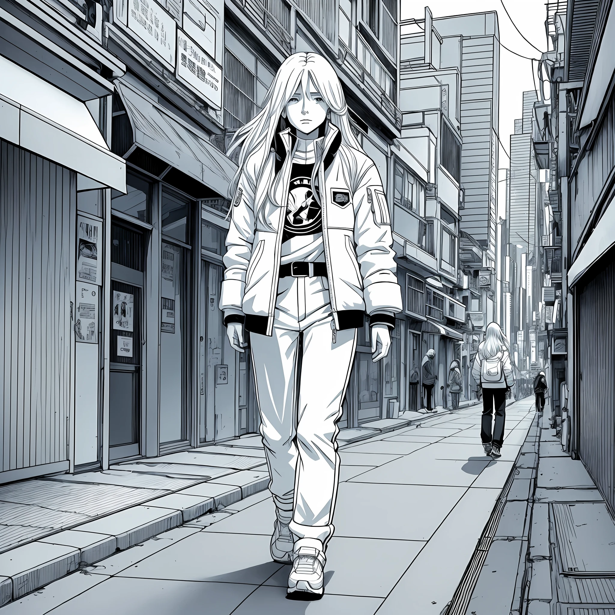 Long white-haired American girl wearing a very cute white jacket and pants walking on an akira style sidewalk by the features of frank Miller monochrome art line --auto --s2