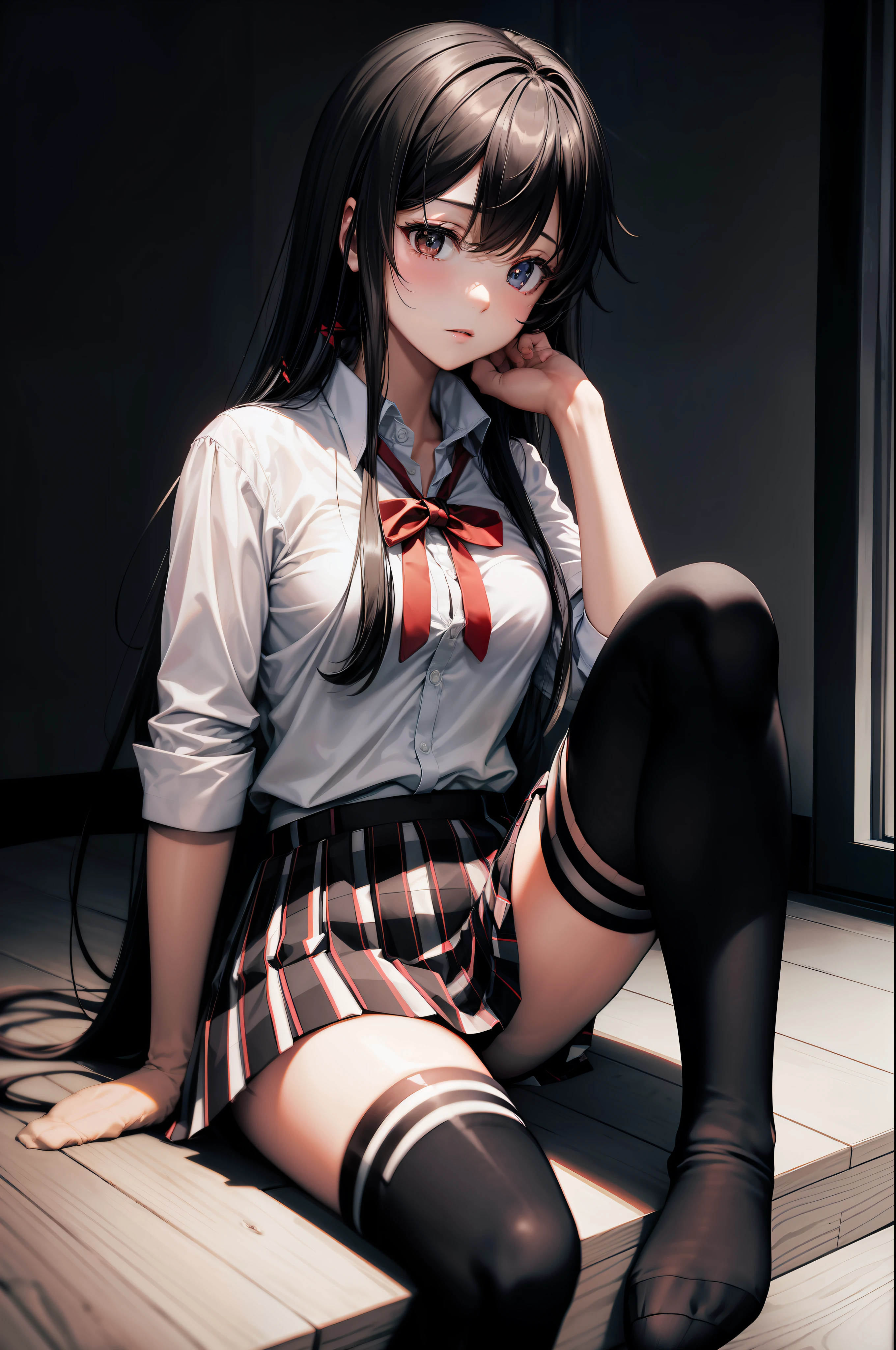 masterpiece, 1girl, solo, yukino yuknoshita, school uniform, white shirt, plaid miniskirt, red bowtie, (black knee high socks:1.5), absolute territory