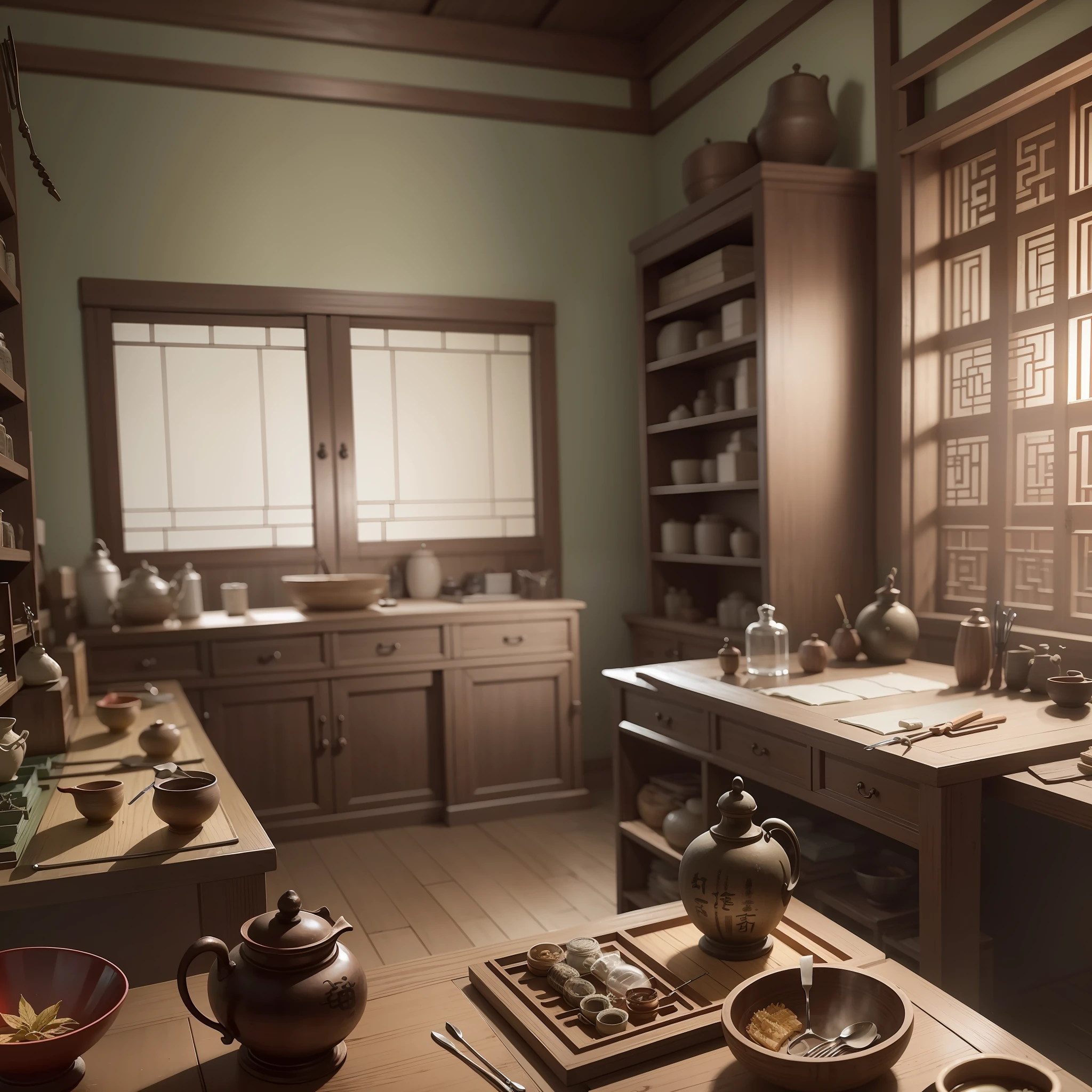 slightly blurred image. Medical tools and utensils in his ancient Chinese office, ready to treat patients with his skills in Chinese herbal medicine. --auto --s2