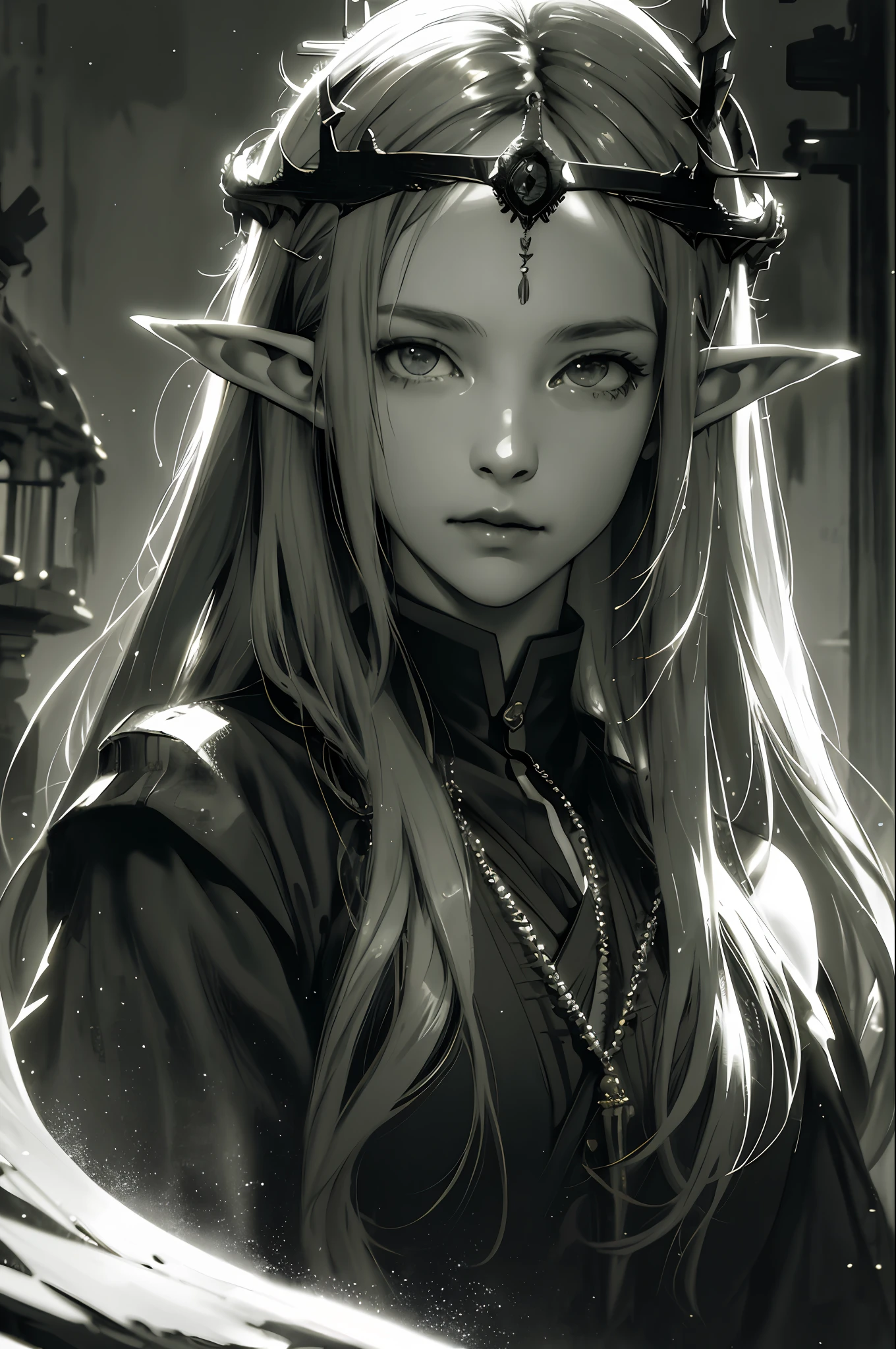 (((Jeremy Mann))), (High Definition, Ultra Detail), Elf, Beautiful Face, 1 Woman, , Straight Long Hair, Beautiful Golden Hair, Fluttering Hair, Detailed Face with Fine Eyes, Circlet, Highly Detailed CG Unified 8k Wallpaper, Face Up, Solo, Hōgi, Church, Monochrome