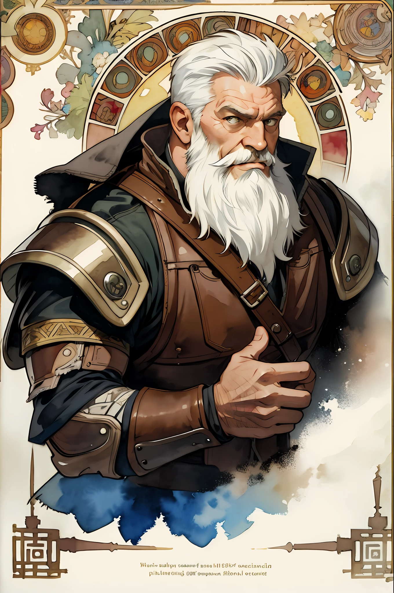(Best Picture), (Watercolor), (Matte), (by Mucha), (by Mucha), (Thick Outline), (Big Head), (High Resolution, Super Detail), Dwarf, 1 man, 60 years old, Old man, Small, Small weight, All Back, White hair, Macho, Brown eyes, Fine long beard, Very short hair, Big hands, Leather gloves, Spartan leather clothing, Front, Portrait, Sitting, (Old Armor), Geometric Pattern, front, hand down, forceful, glare,