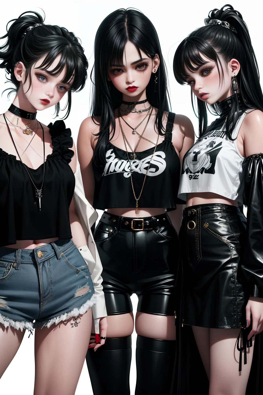 a close up of three women in different outfits on a white background, grunge style, grunge aesthetic!!!, grunge aesthetic!!! (, sensual gloomy style, grunge aesthetic, grunge fashion, age grunge punk rock, y2k style, y 2 k style, punk style, thisset style, goth style, vintage aesthetic, 90s style, vintage look
